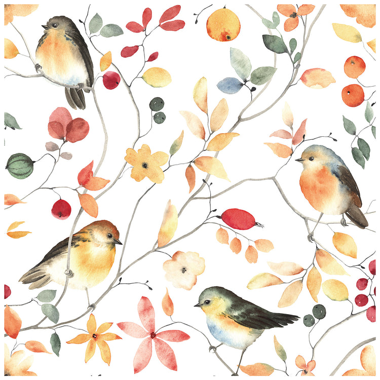 Birch Tree Retro Floral Birds Custom Peel and Stick Wallpaper