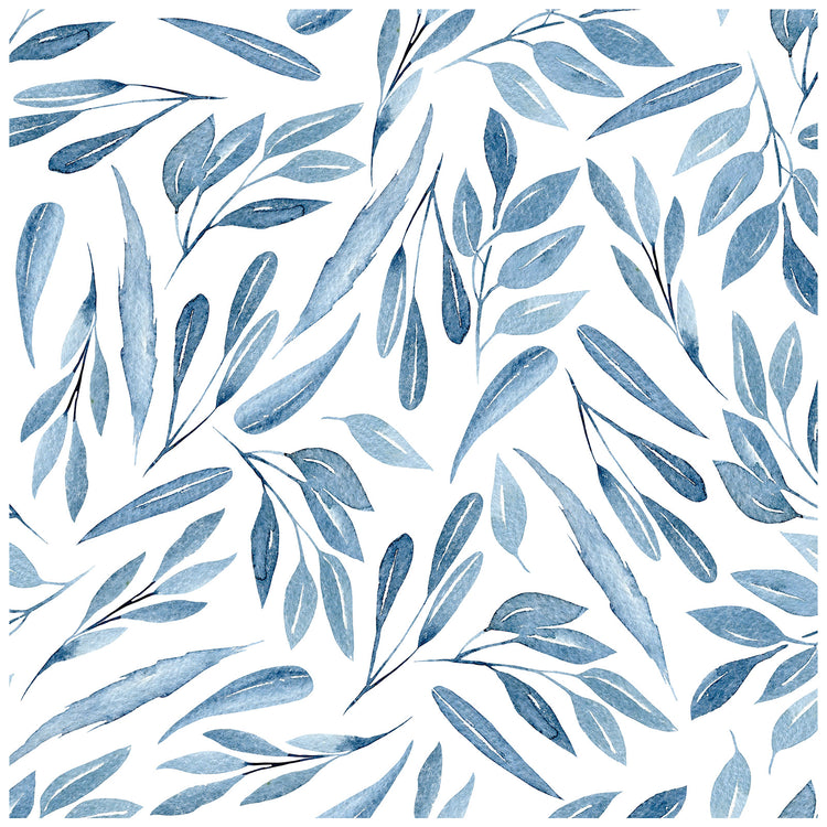 Watercolor Blue Branches with Leaves and White Peel and Stick Wallpaper