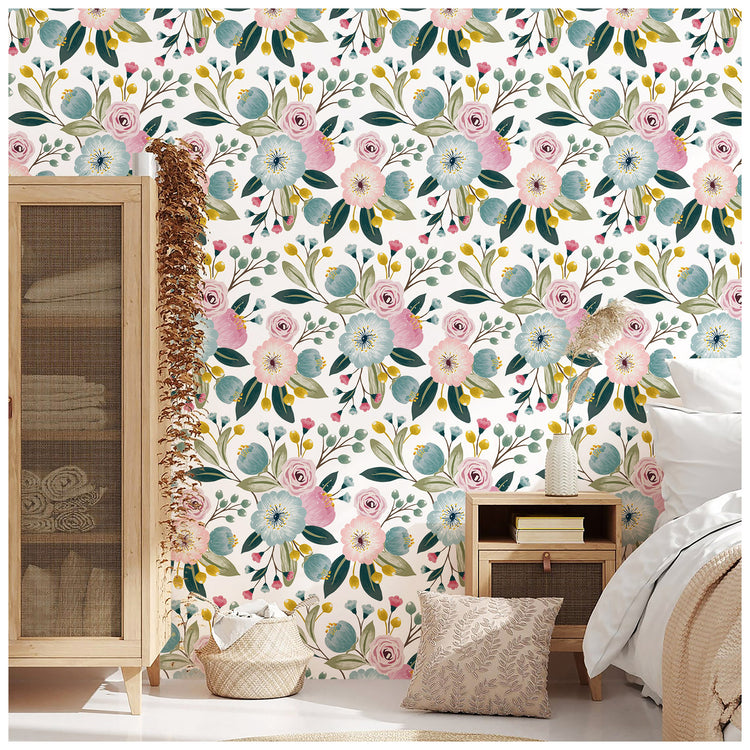 Vintage Floral Peel and Stick Wallpaper Pink and Blue Flowers Contact Wall Paper Boho Wallpaper