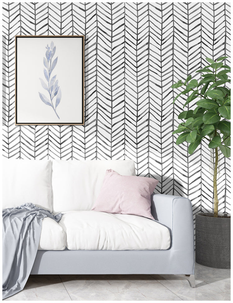 Modern Boho Wallpaper Herringbone Stripe Geometric Contact Paper Black and White for Bookshelf Living Room Bedroom