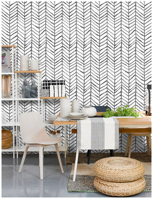 HaokHome 96020-1 Modern Boho Wallpaper Herringbone Stripe Geometric Contact Paper Black and White for Bookshelf Living Room Bedroom