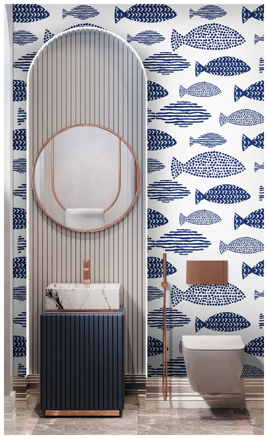 HaokHome 96040 Waterproof Wallpaper Peel and Stick Abstract Geometry Blue Fish Trellis Indigo Removable Contact Paper for Bathroom Kids Room Wall Decoration