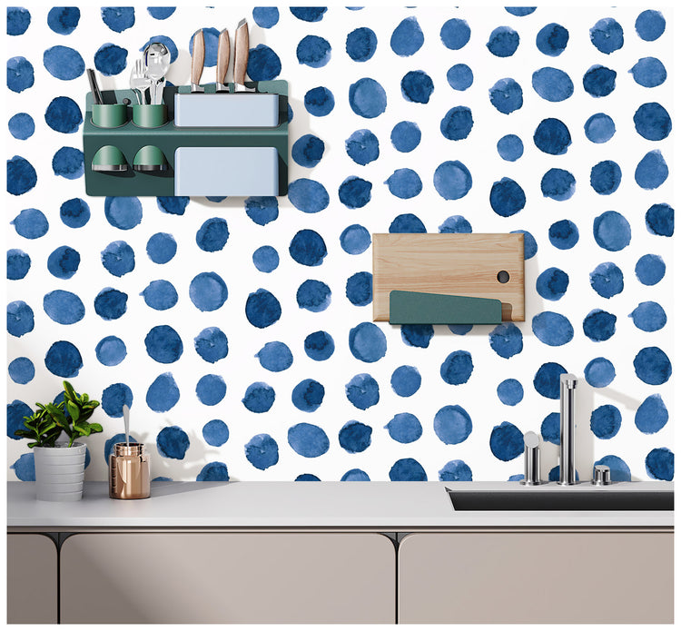 Watercolor Brush Strokes Dots Indigo Blue Peel and Stick Wallpaper Wall Room Decor