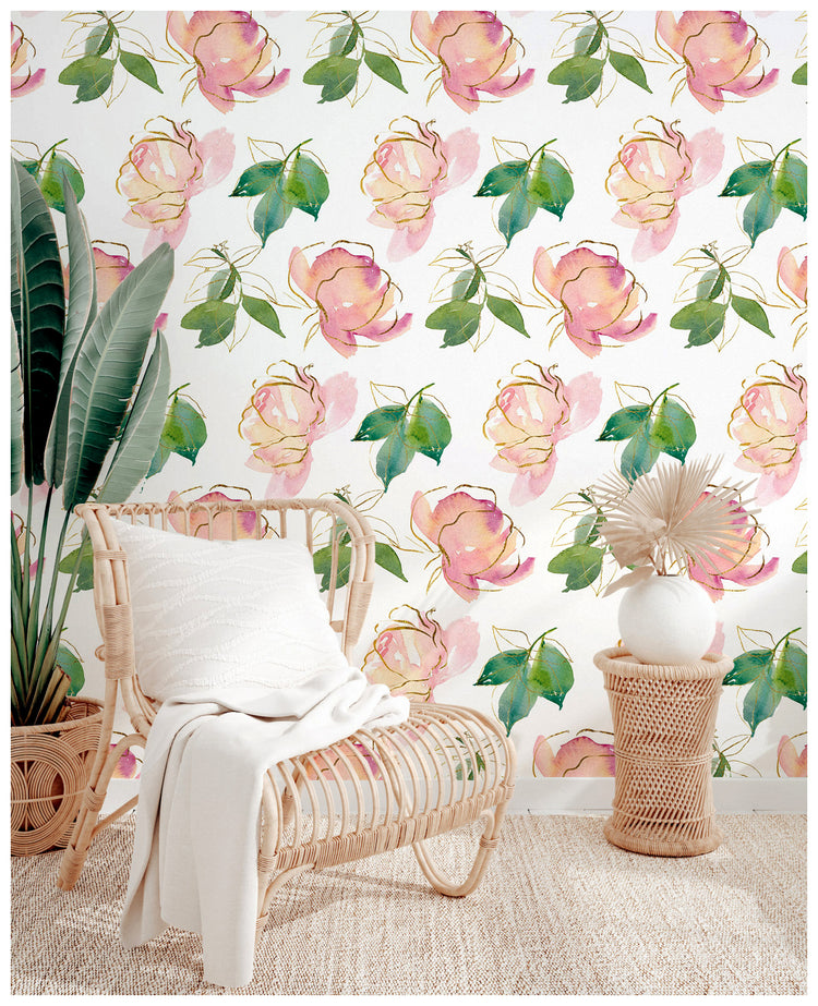 HaokHome 93249-1 Peel and Stick Wallpaper Floral Pink and Green for Teen Girls Bedroom, Living Room Wall Decor