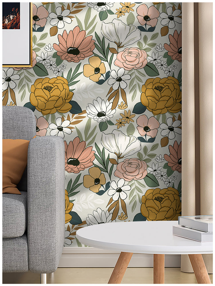 Vintage Floral Peel and Stick Wallpaper Removable Daisy Leaf Contact Wallpaper