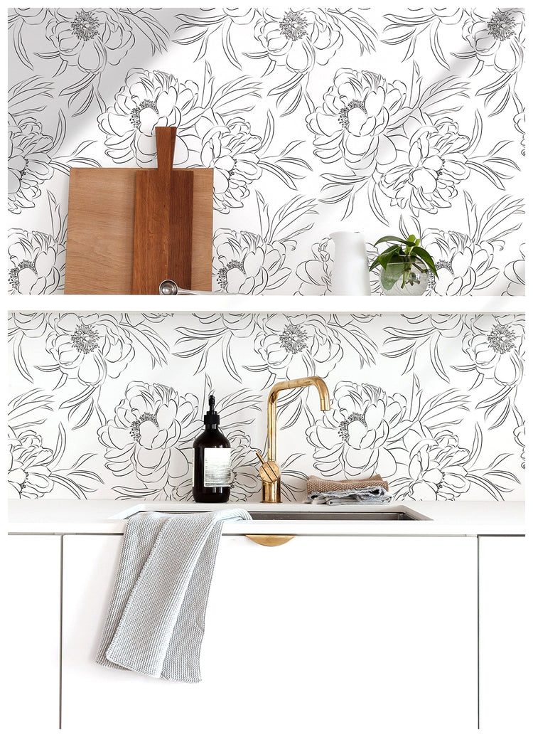 Black and White Wallpaper Peel and Stick Removable Sketch Floral Wall Paper