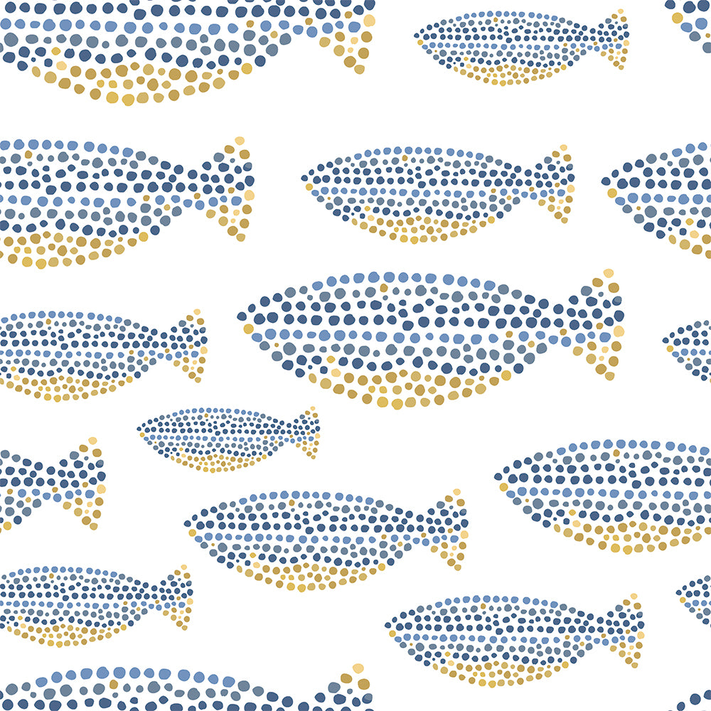 Playful Geometric Blue and Gold Fish Pattern Wallpaper for Kids' Rooms