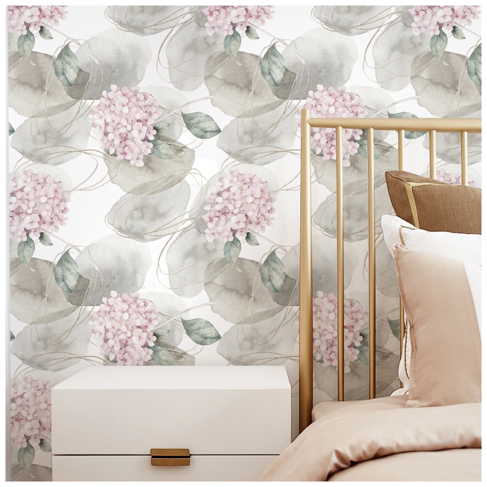 HAOKHOME 93164 Abstract Nordic Peel and Stick Wallpaper Geometric Hydrangea Floral White/Grey/Pink Stick on Home Decor