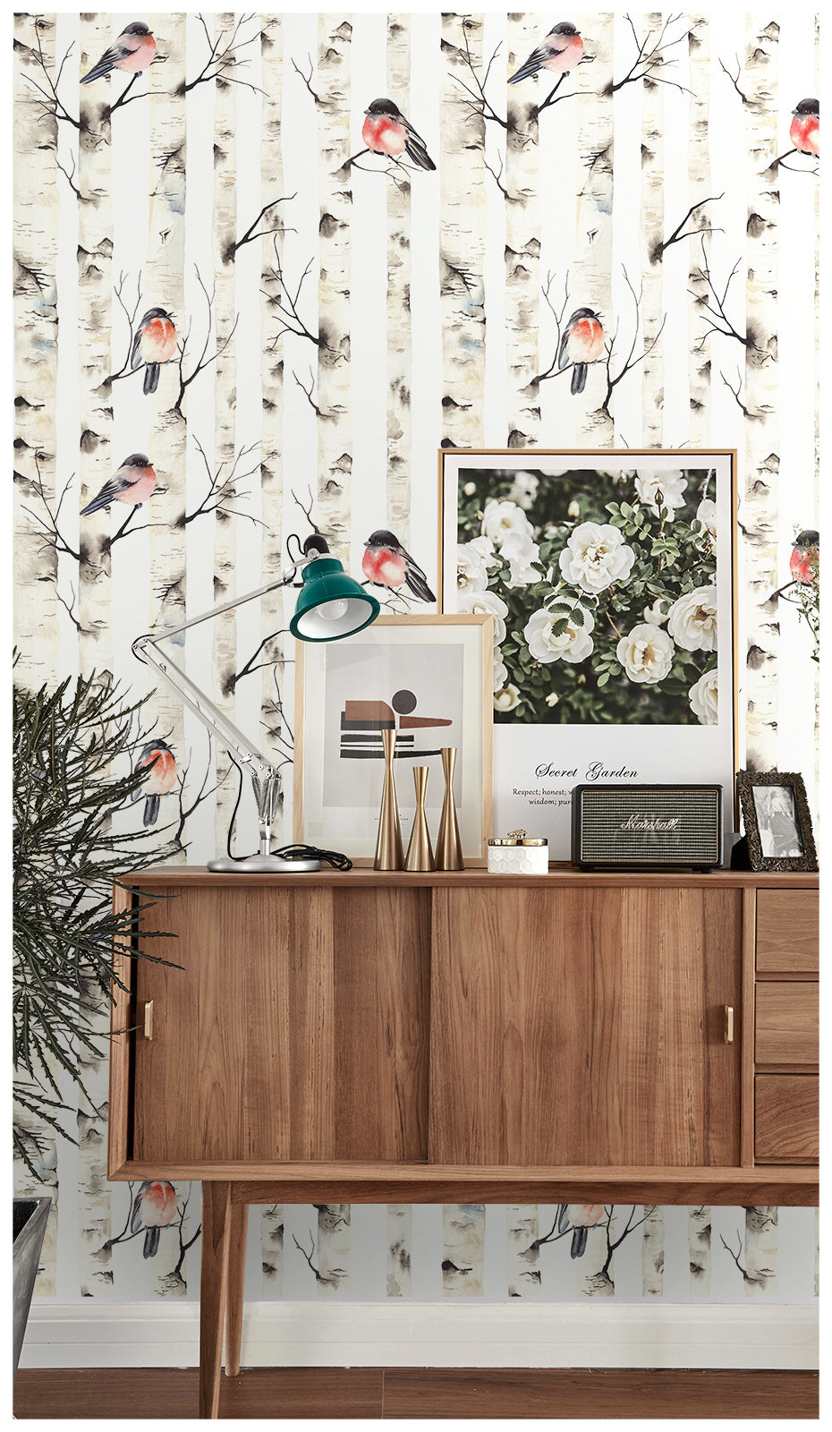 Birch Tree Peel and Stick Wallpaper Forest Birds Mural White/Beige Wall Paper Sticker