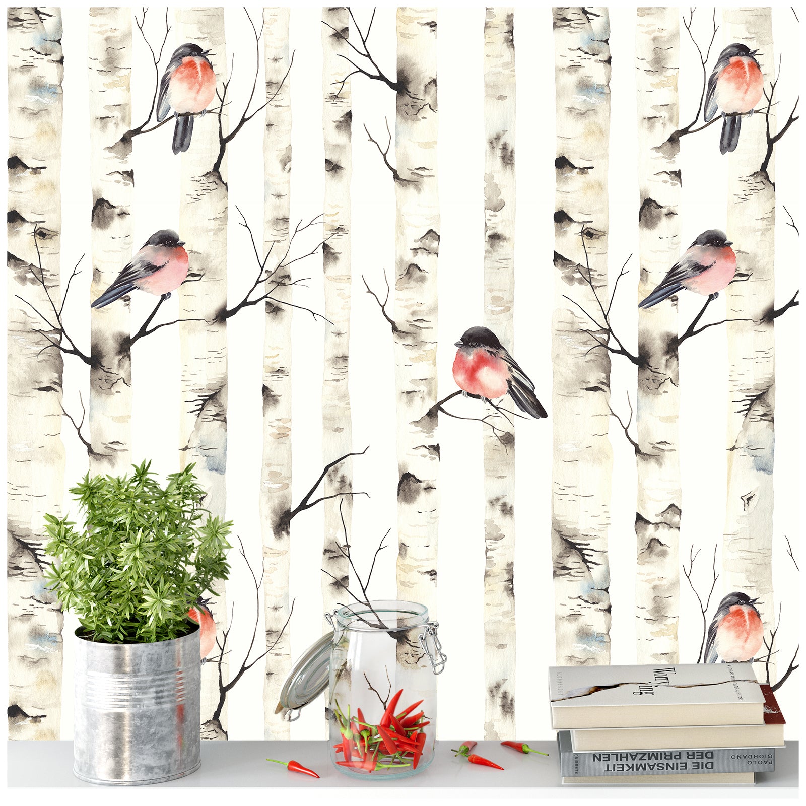 Birch Tree Peel and Stick Wallpaper Forest Birds Mural White/Beige Wall Paper Sticker