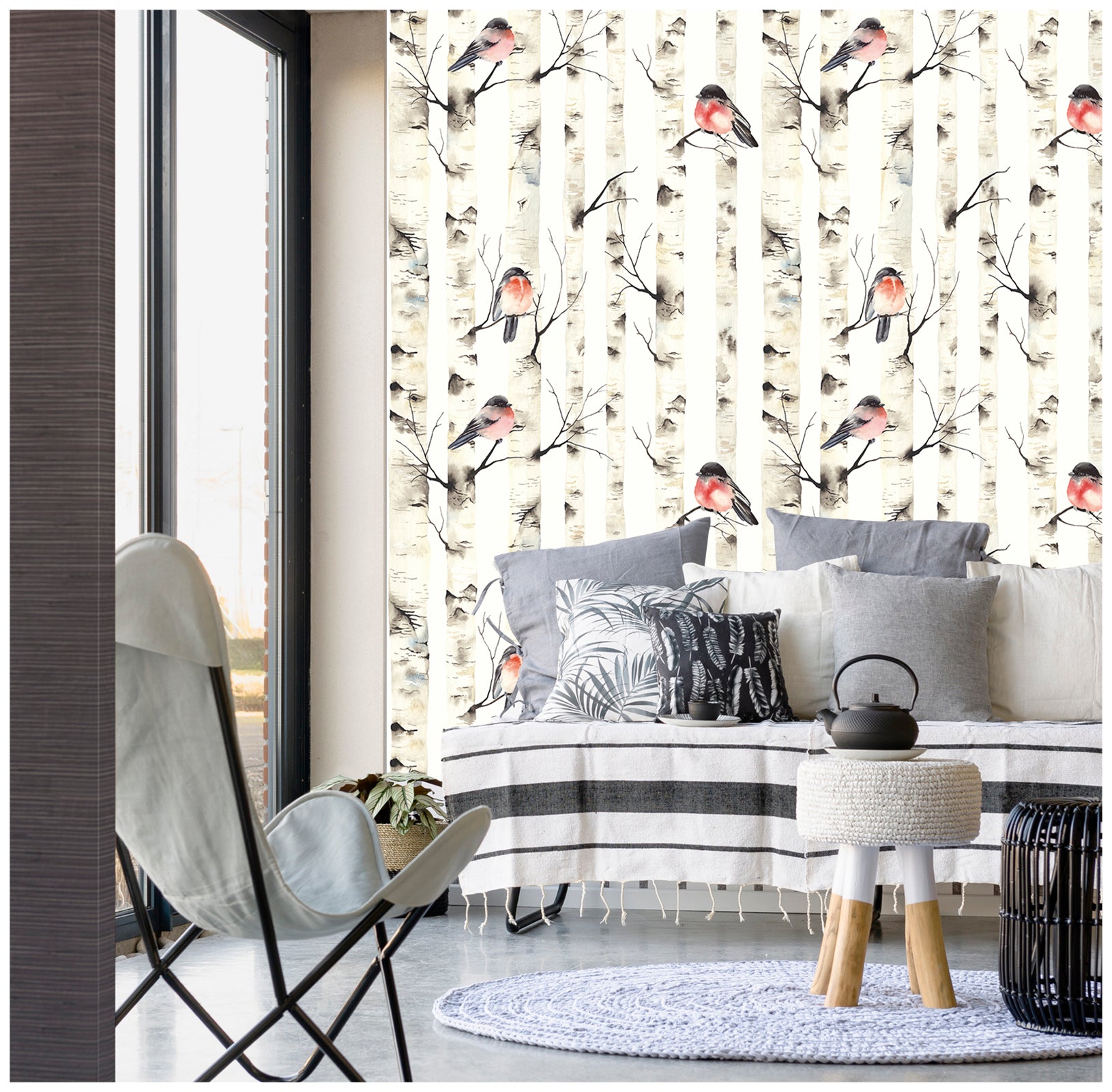 Birch Tree Peel and Stick Wallpaper Forest Birds Mural White/Beige Wall Paper Sticker