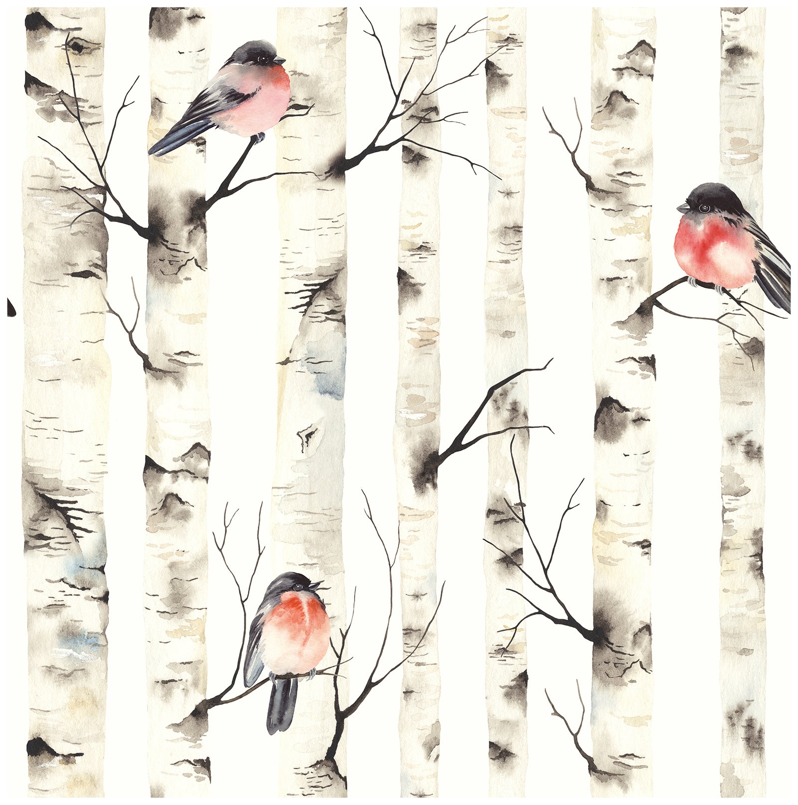 Birch Tree Peel and Stick Wallpaper Forest Birds Mural White/Beige Wall Paper Sticker