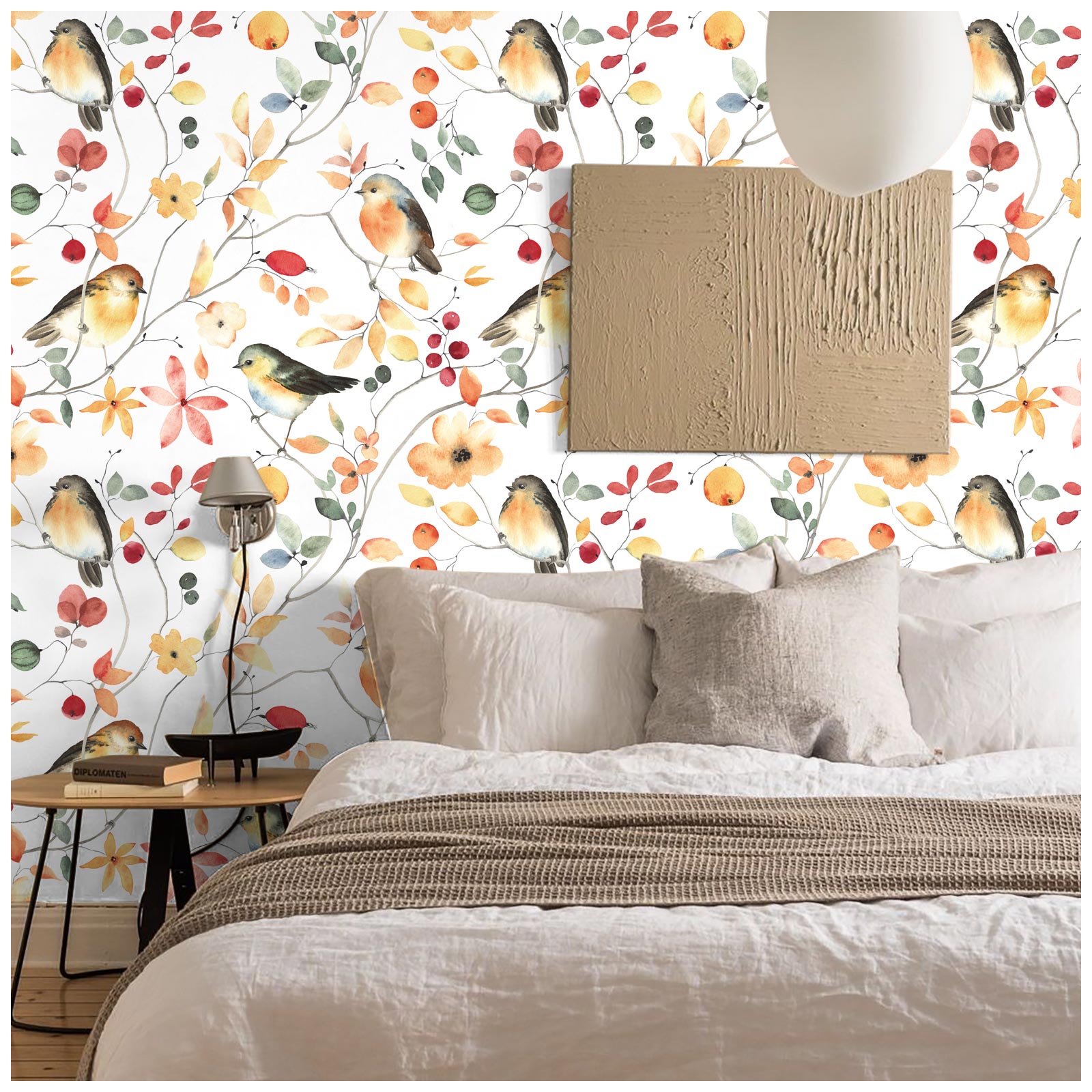 HaokHome 93189 Birch Tree Retro Floral Birds Custom Peel and Stick Wallpaper