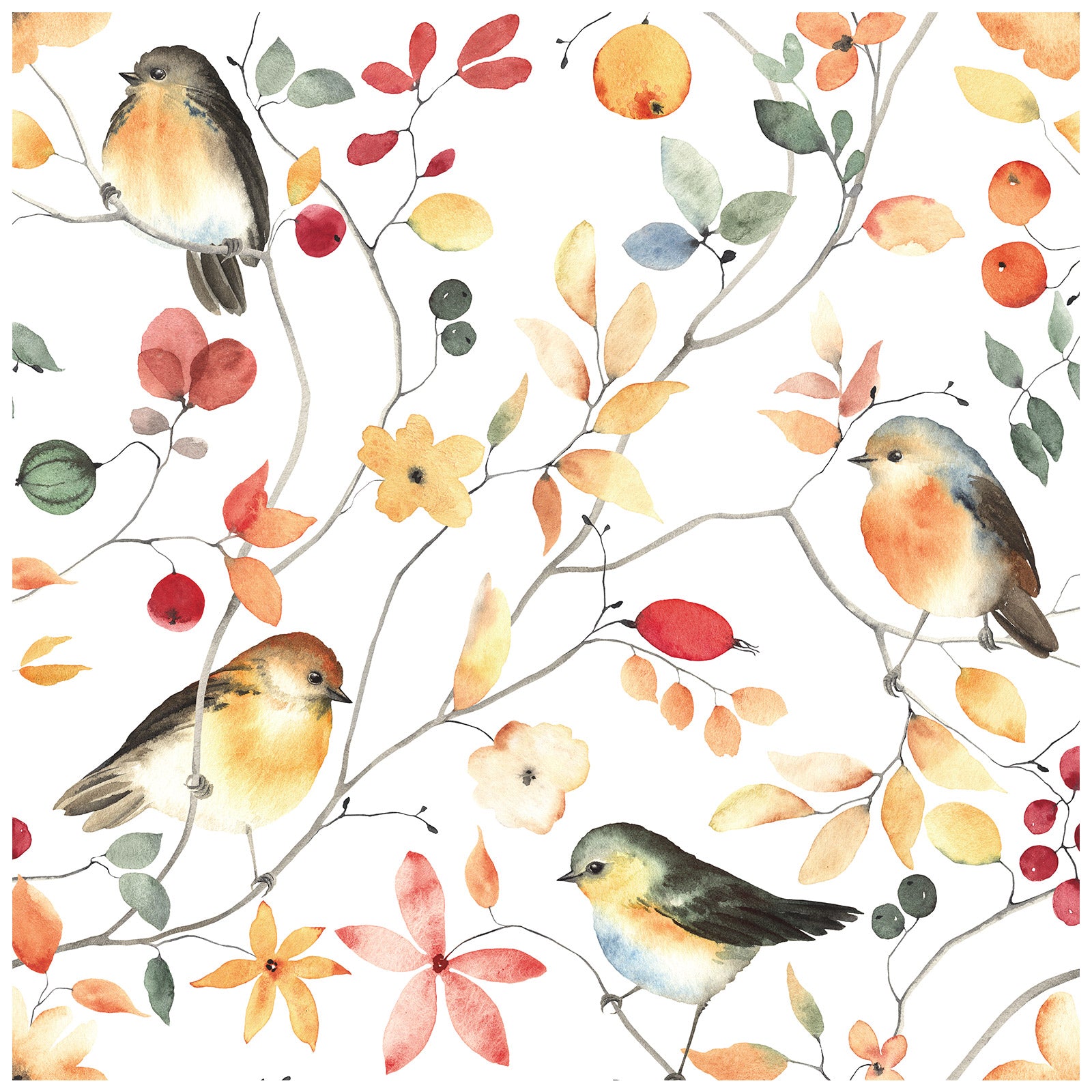 HaokHome 93189 Birch Tree Retro Floral Birds Custom Peel and Stick Wallpaper