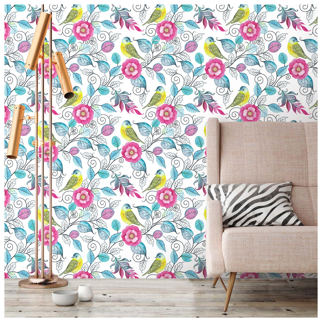 Haokhome 93100 Birds Floral Peony Peel and Stick Wallpaper Vinyl Self Adhesive Prepasted Decorative