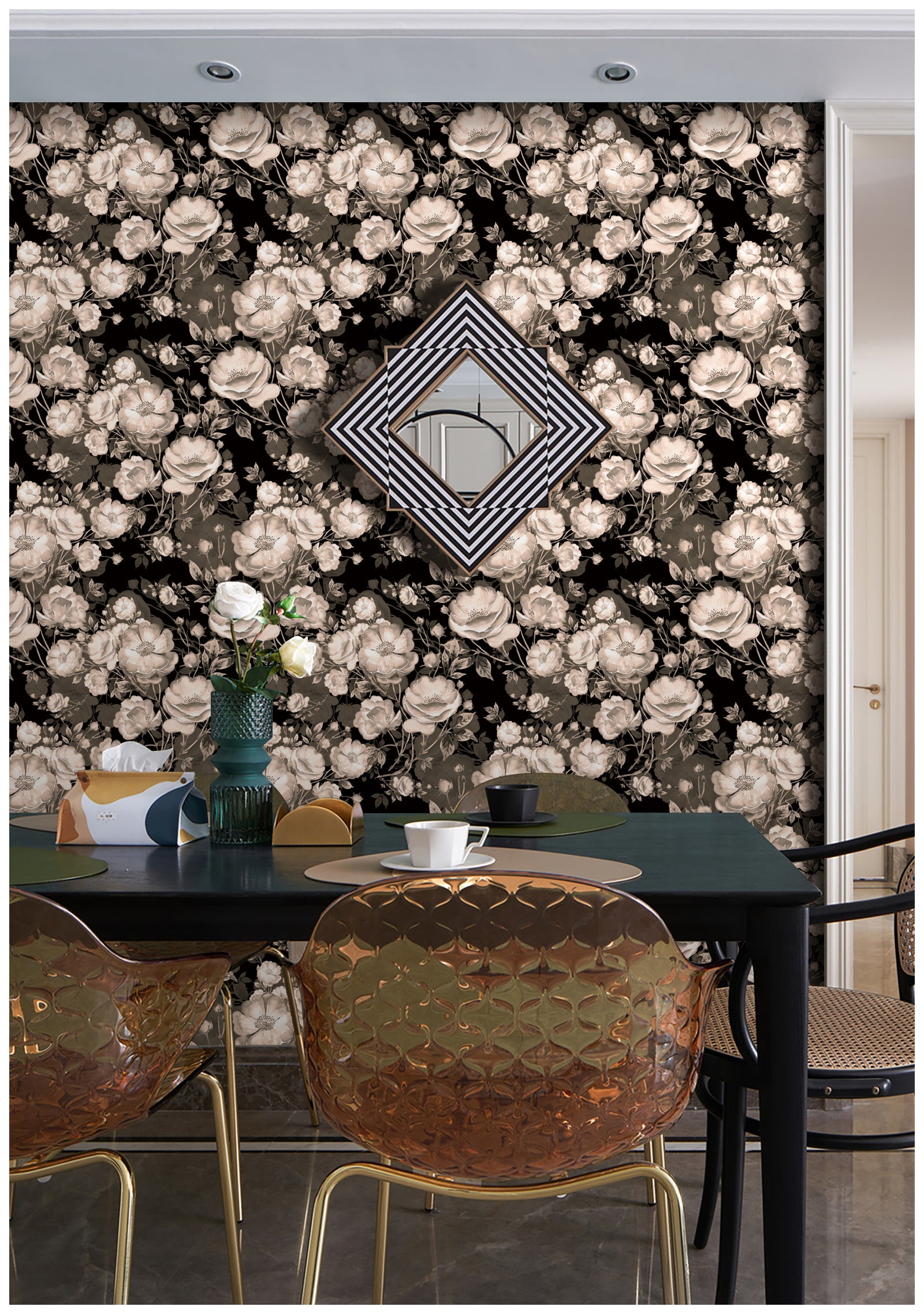 HaokHome 93226 Black Floral Peel and Stick Wallpaper Removable Self Adhesive Decorative