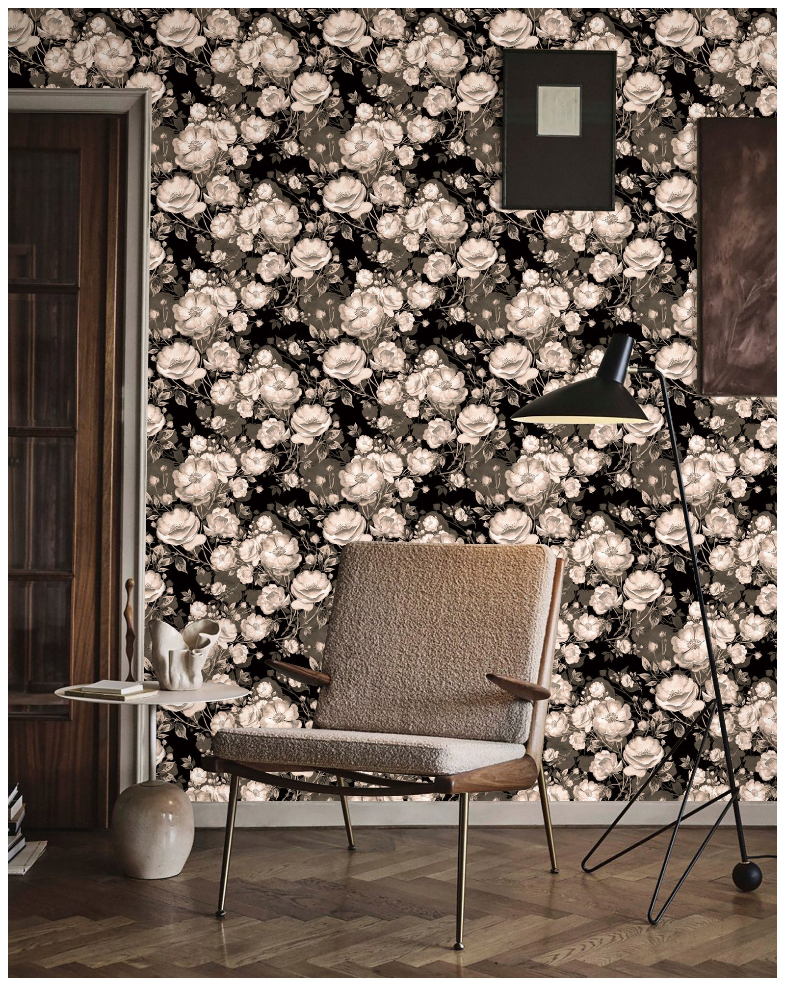 HaokHome 93226 Black Floral Peel and Stick Wallpaper Removable Self Adhesive Decorative