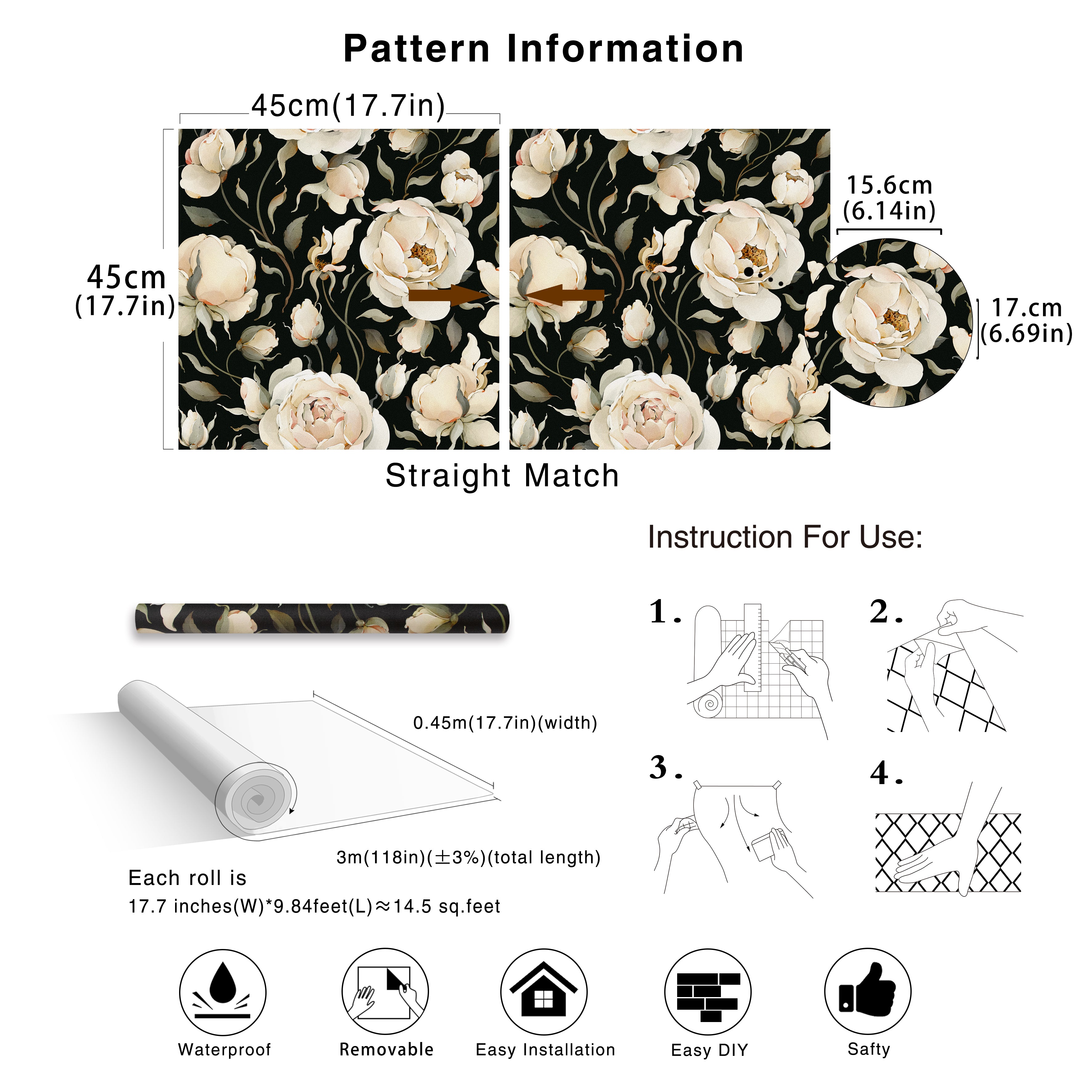 HaokHome 93242-1 Black Flower Peel and Stick Wallpaper Removable Vinyl Self Adhesive DIY Decor