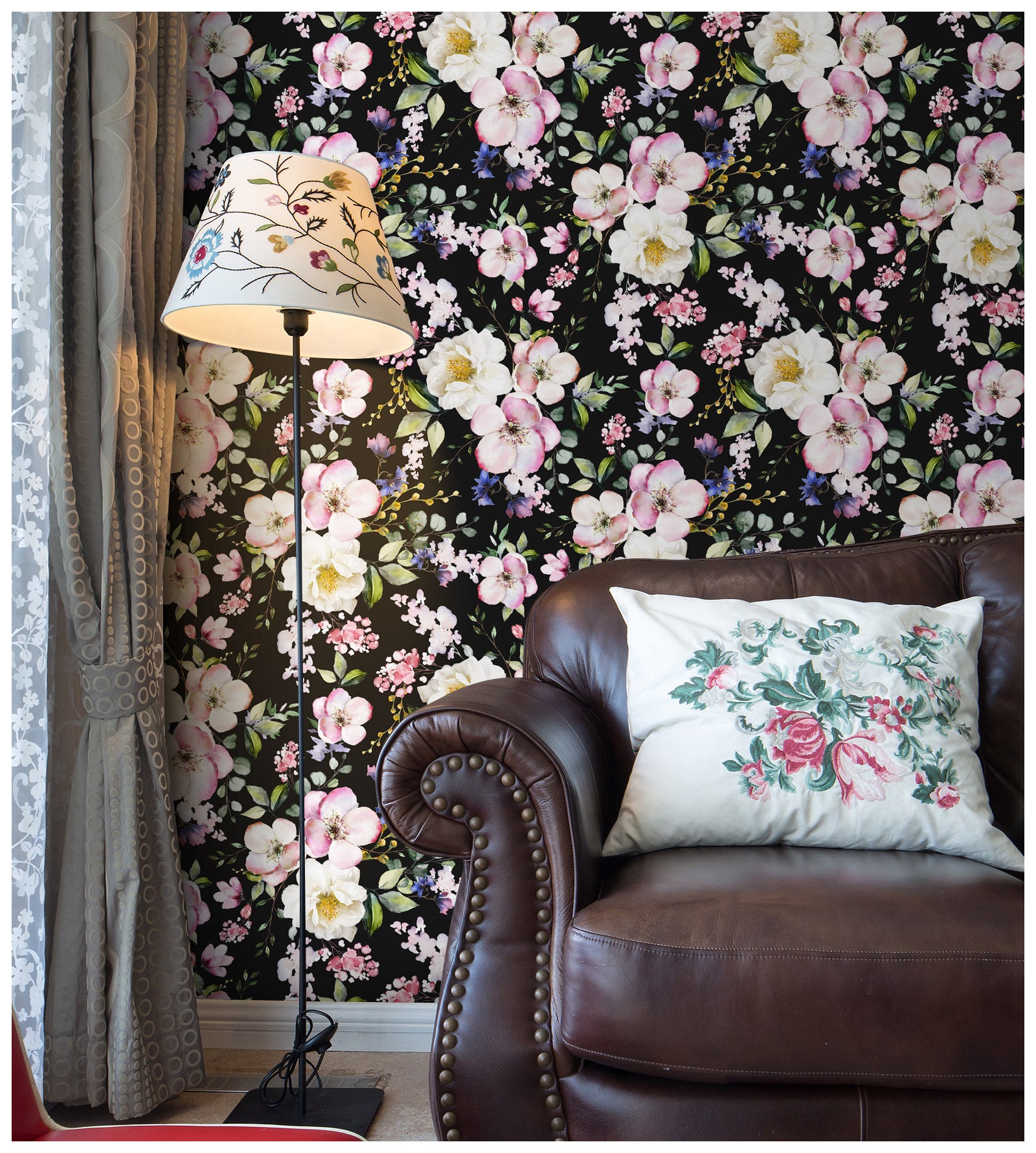 HaokHome 93170-1 Black/Pink Floral Peel and Stick Wallpaper Self Adhesive Mural Decorations