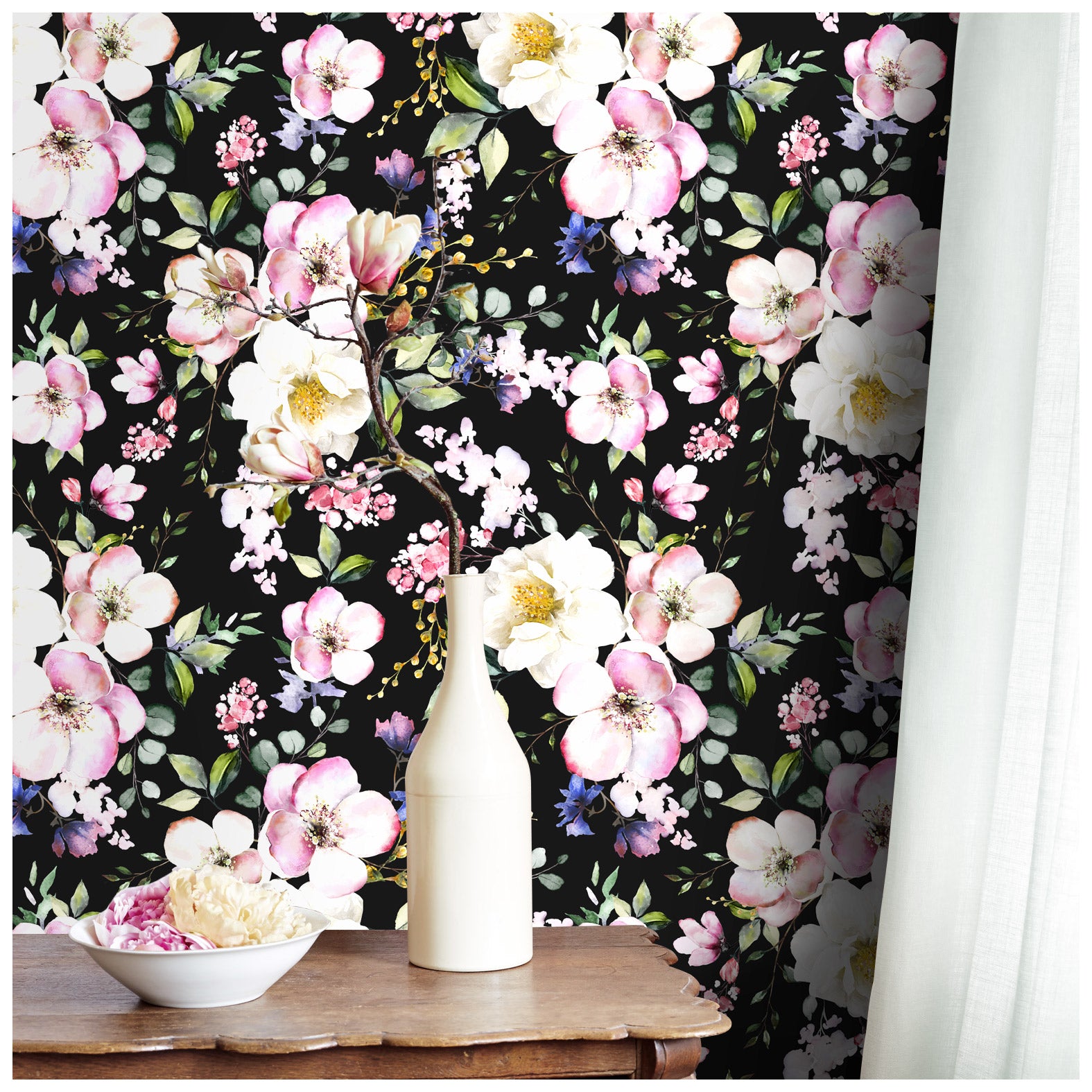 HaokHome 93170-1 Black/Pink Floral Peel and Stick Wallpaper Self Adhesive Mural Decorations