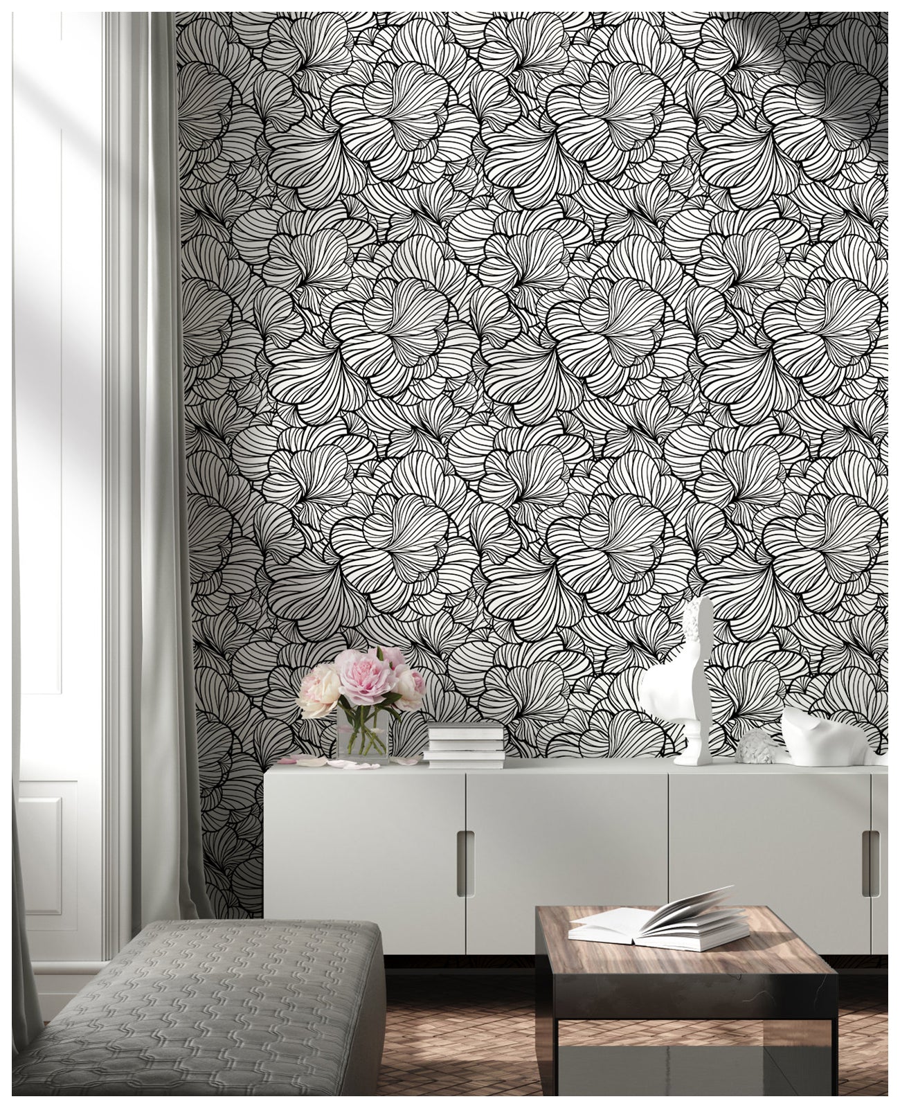 Haokhome 93104 Black and White Floral Peel and Stick Wallpaper Abstract Flower Art Decor Wallpaper