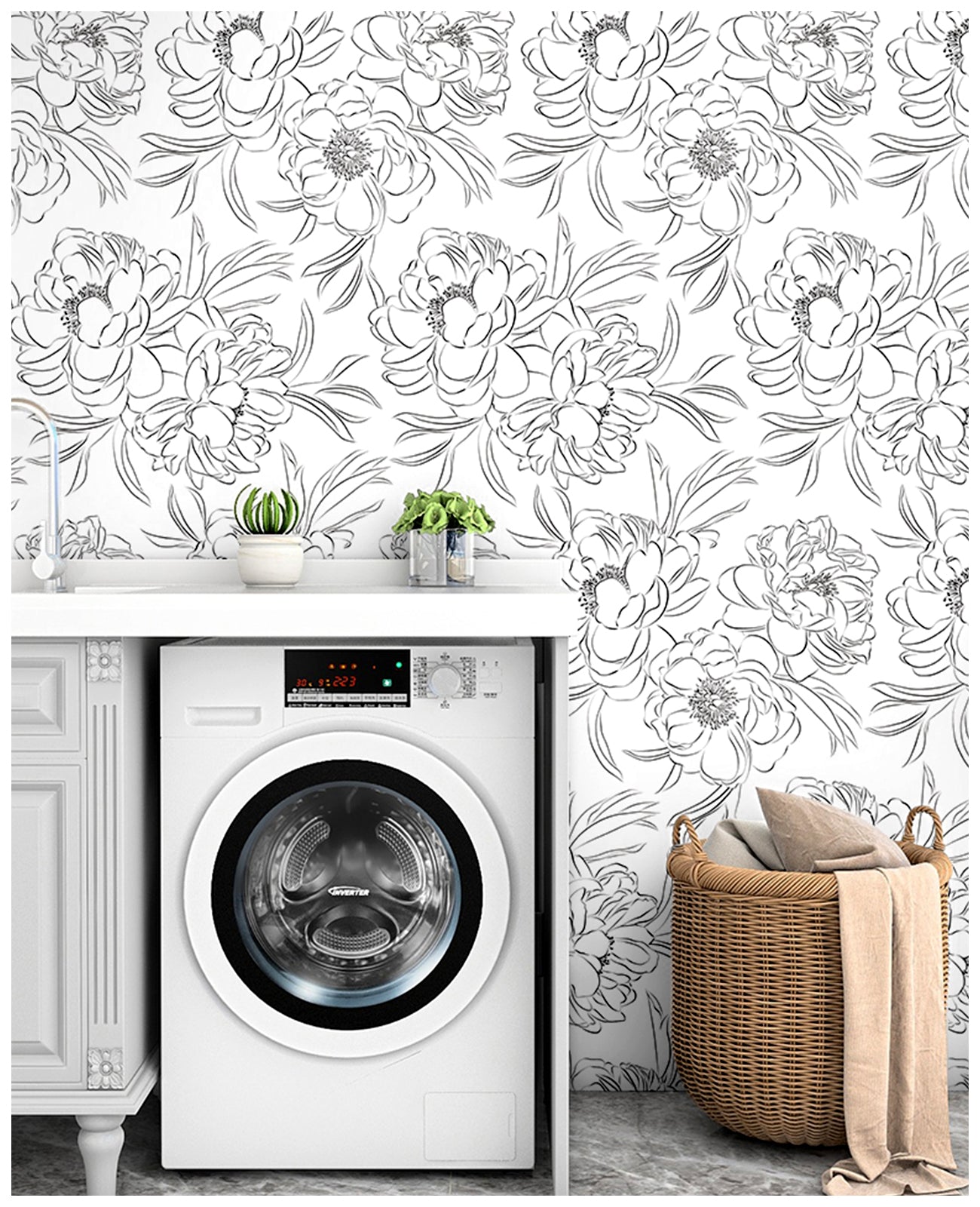 HaokHome 93251-1 Black and White Wallpaper Peel and Stick Removable Sketch Floral Wall Paper