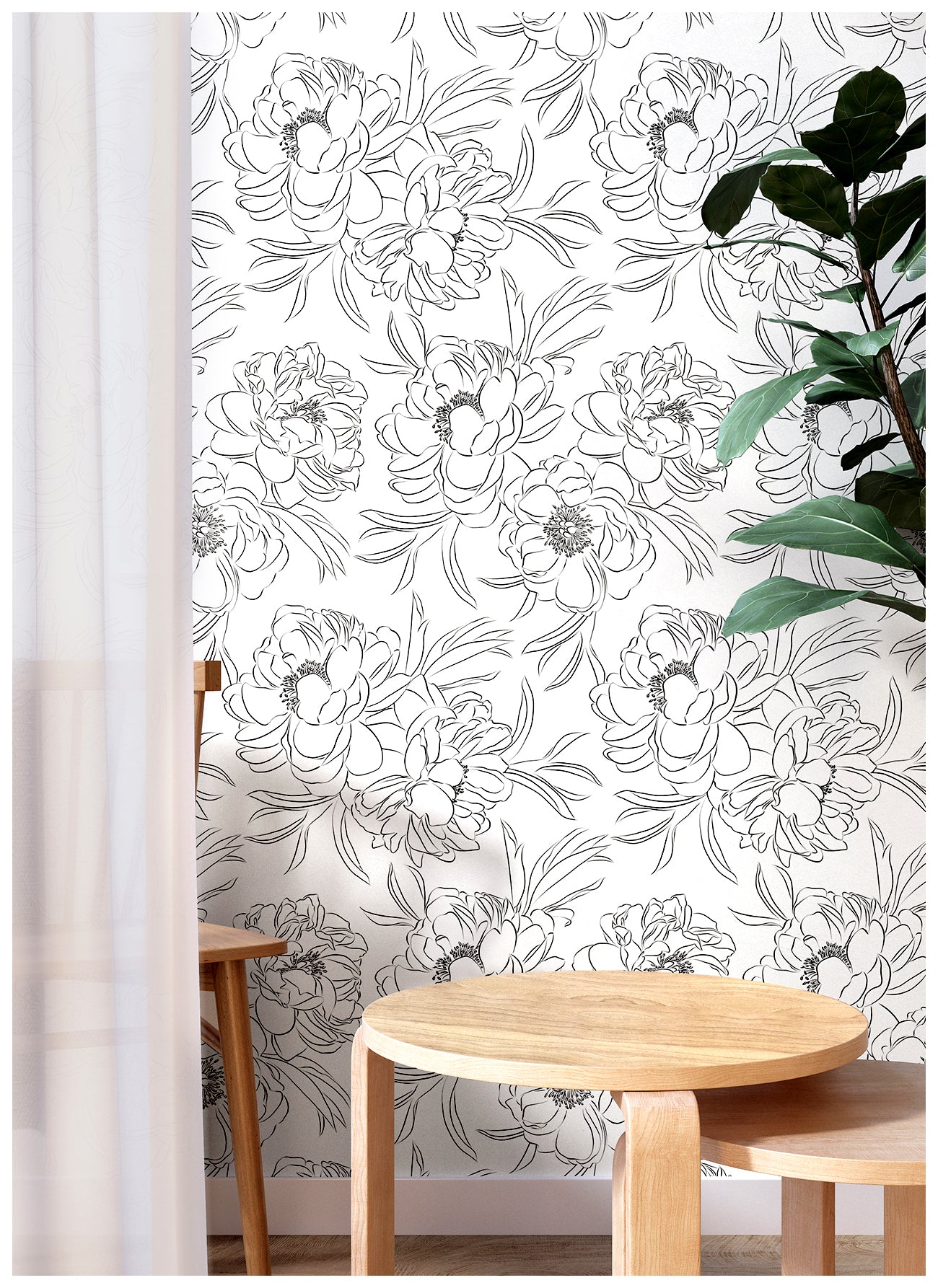 HaokHome 93251-1 Black and White Wallpaper Peel and Stick Removable Sketch Floral Wall Paper