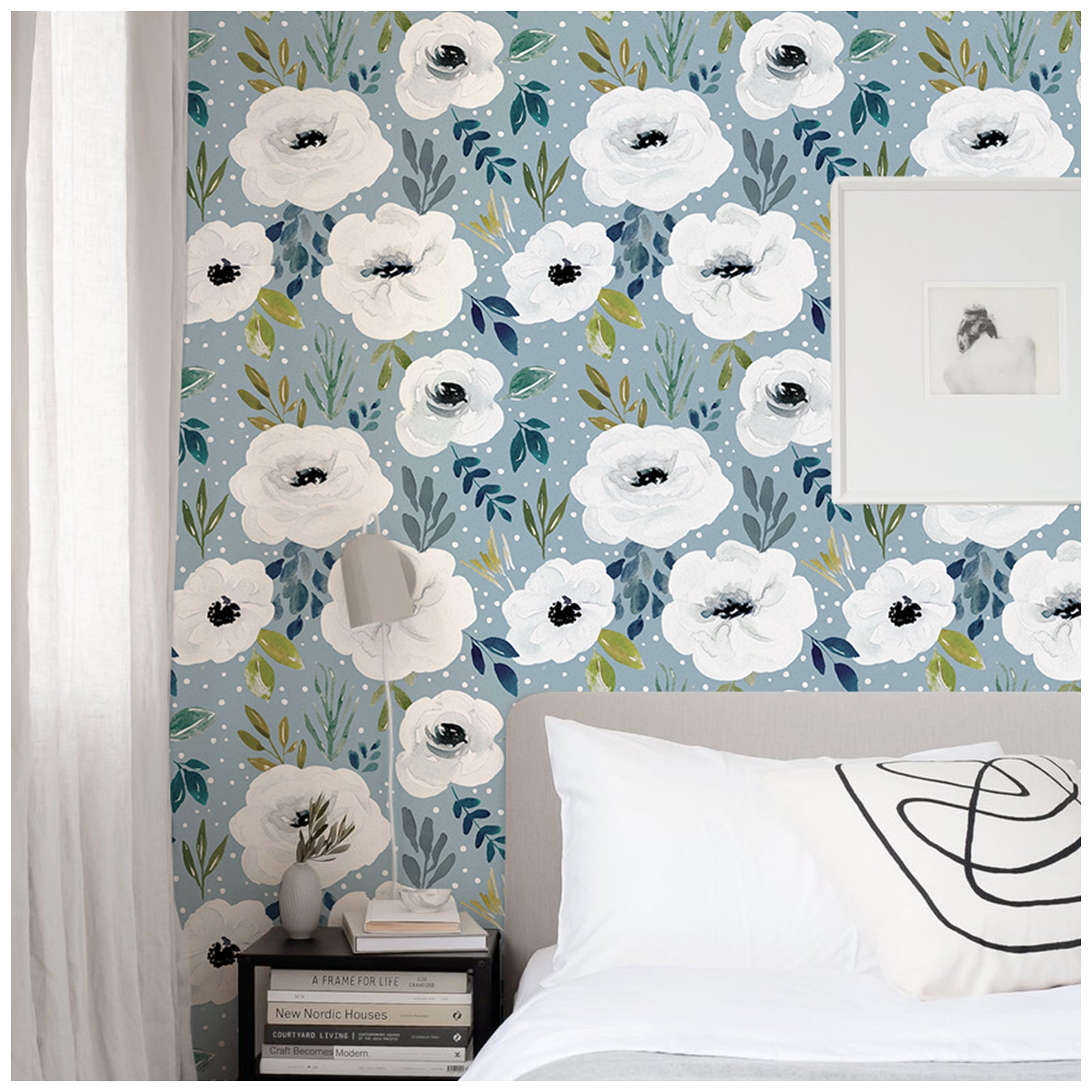 HaokHome 93245 Blue Floral Removable Peel and Stick Wallpaper Vinyl Self Adhesive Decor