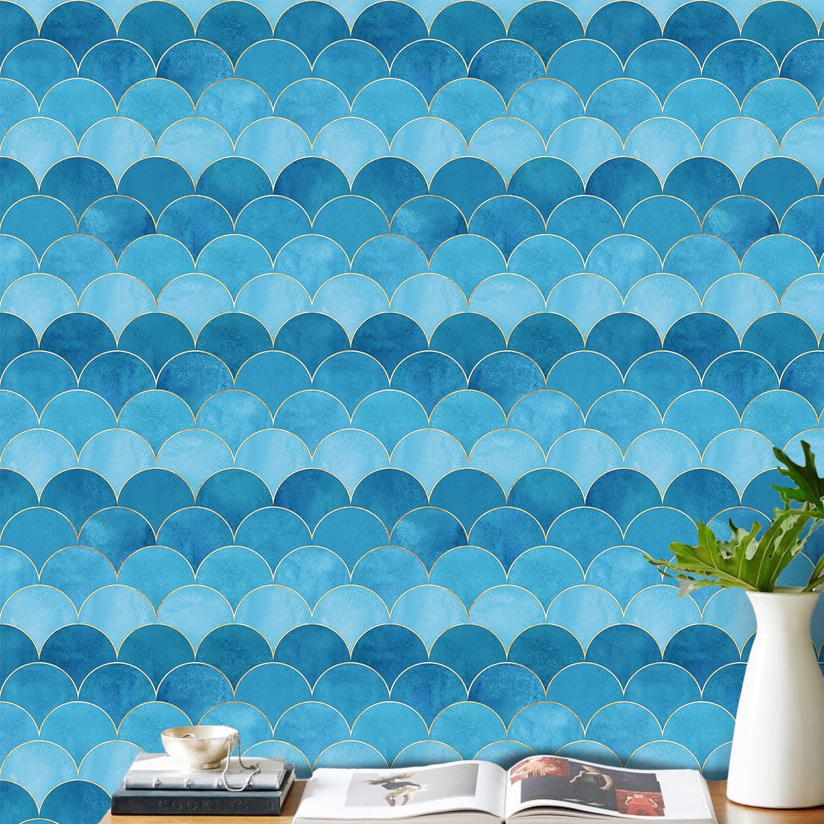 HaokHome 96073 Blue Tiles Peel and Stick Wallpaper Geometric Modern Marble Wall Paper