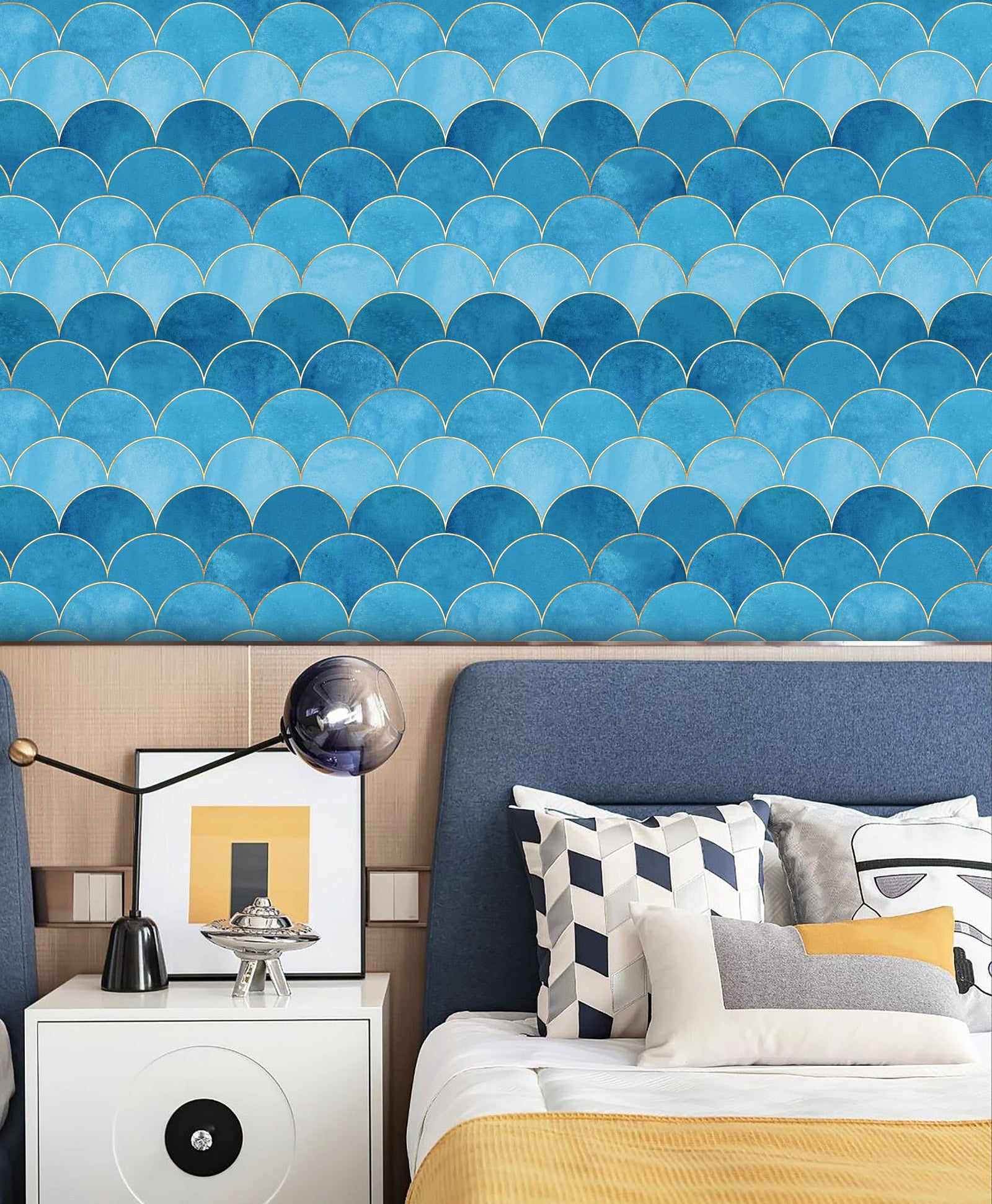 HaokHome 96073 Blue Tiles Peel and Stick Wallpaper Geometric Modern Marble Wall Paper