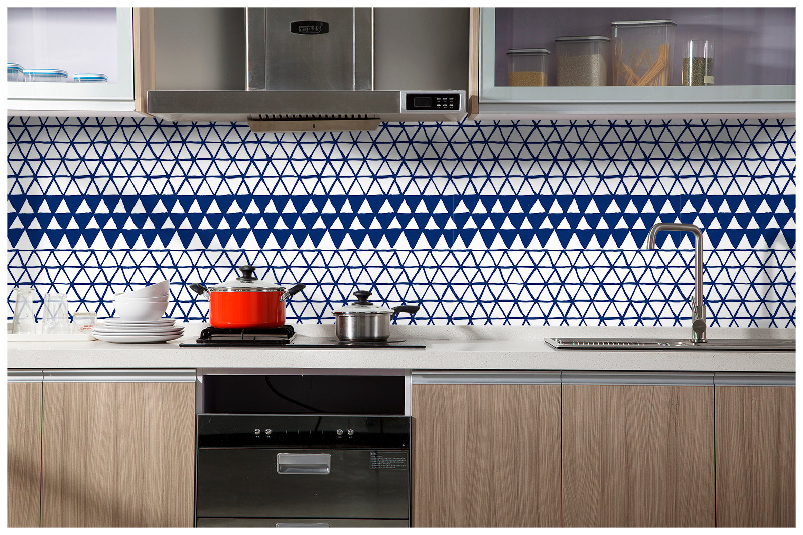 HaokHome 96039-1 Blue Triangle Peel Stick Wall Paper Sticker Pull and Stick Indigo Geometric Kitchen Contact Wallpaper