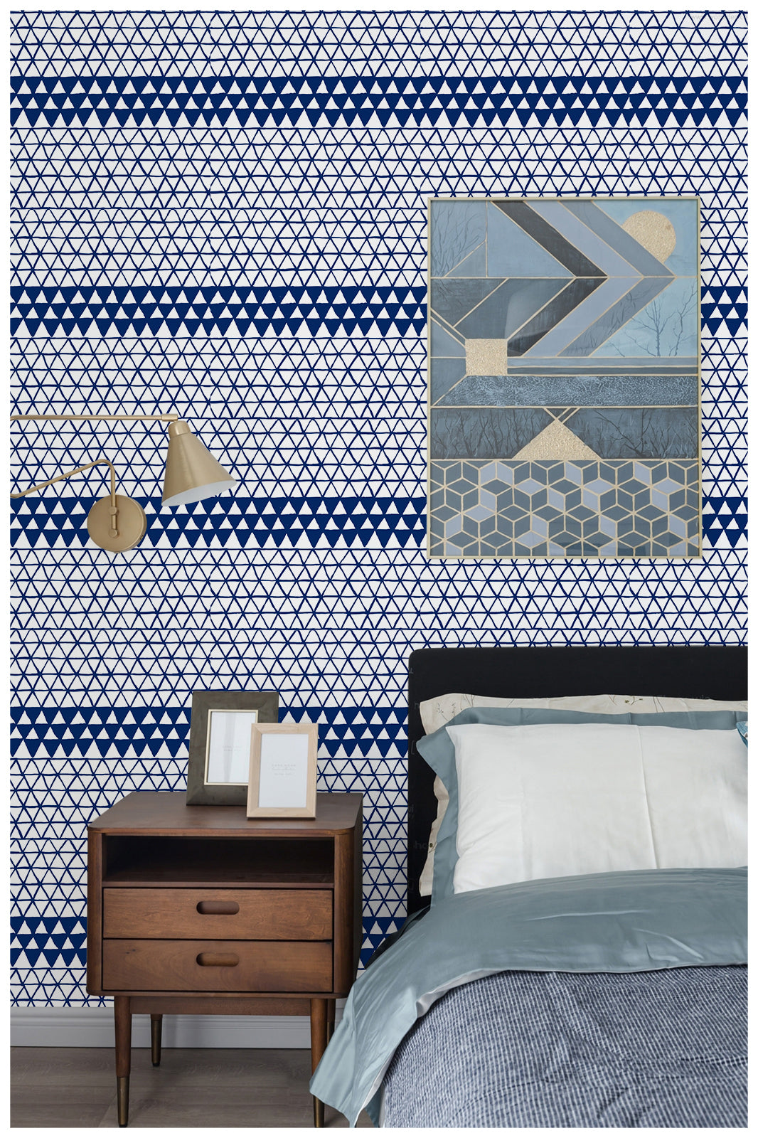 HaokHome 96039-1 Blue Triangle Peel Stick Wall Paper Sticker Pull and Stick Indigo Geometric Kitchen Contact Wallpaper