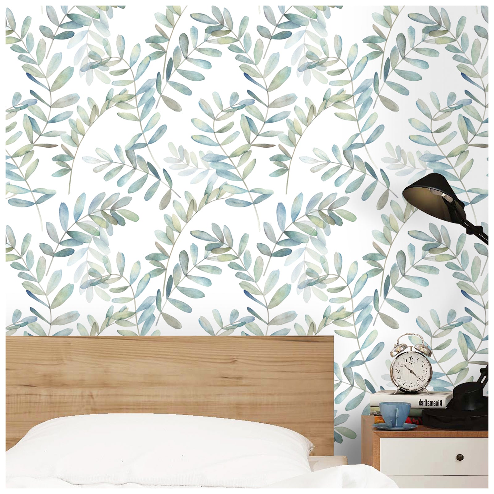 HAOKHOME 93149 Boho Peel and Stick Wallpaper Eucalyptus Branch White/Green/Blue Removable Stick on Home Decor