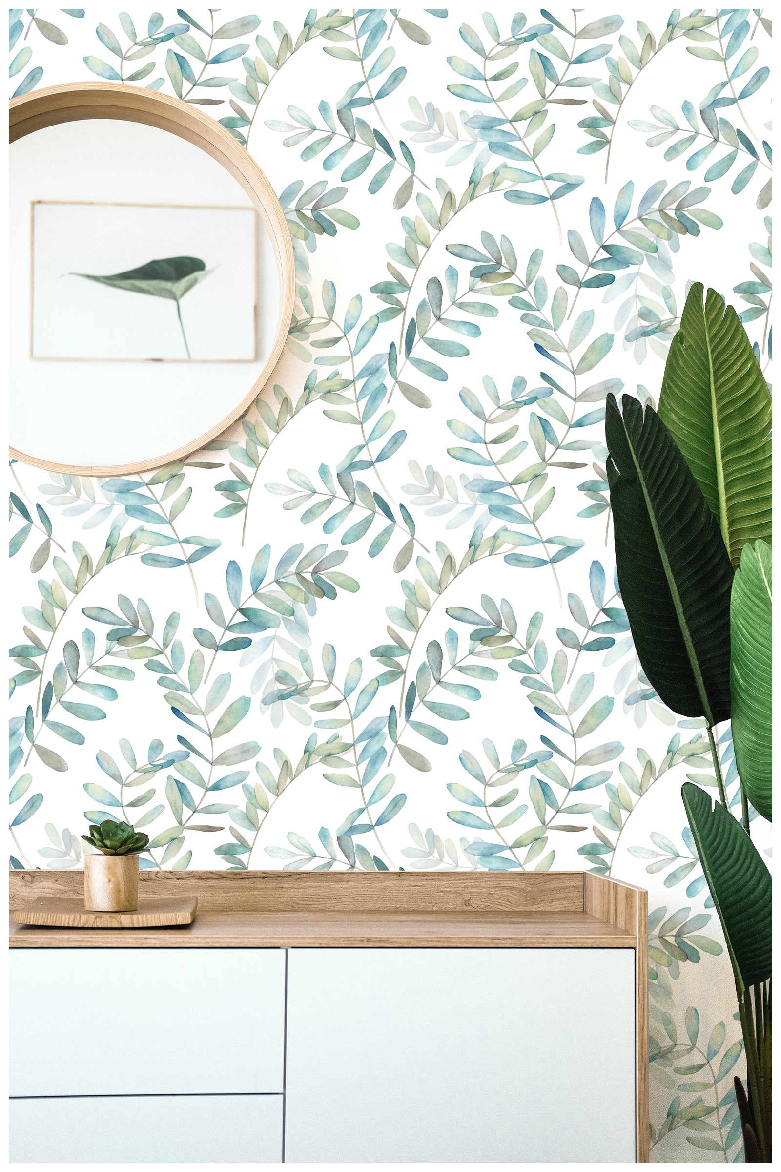 HAOKHOME 93149 Boho Peel and Stick Wallpaper Eucalyptus Branch White/Green/Blue Removable Stick on Home Decor