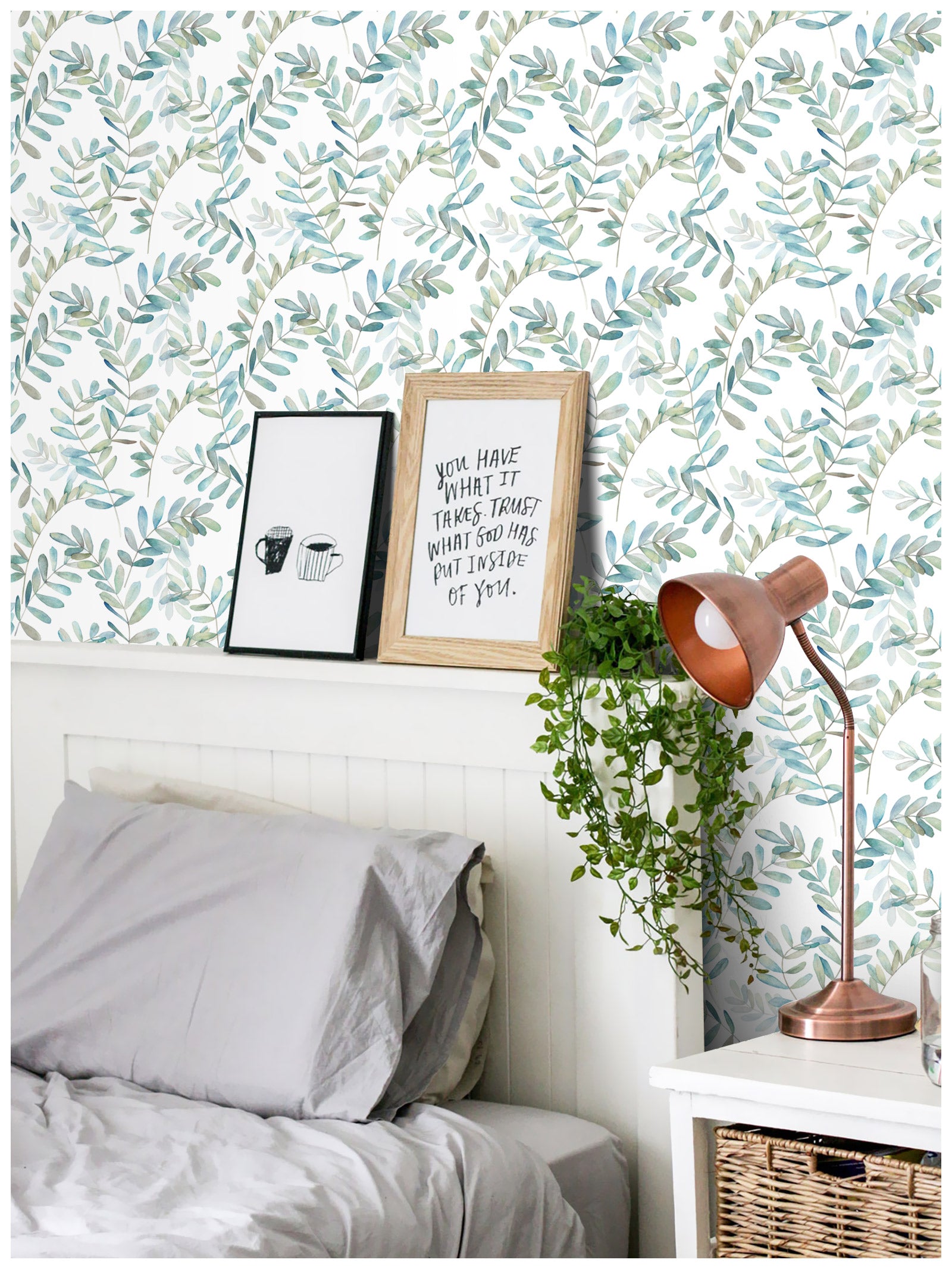 HAOKHOME 93149 Boho Peel and Stick Wallpaper Eucalyptus Branch White/Green/Blue Removable Stick on Home Decor