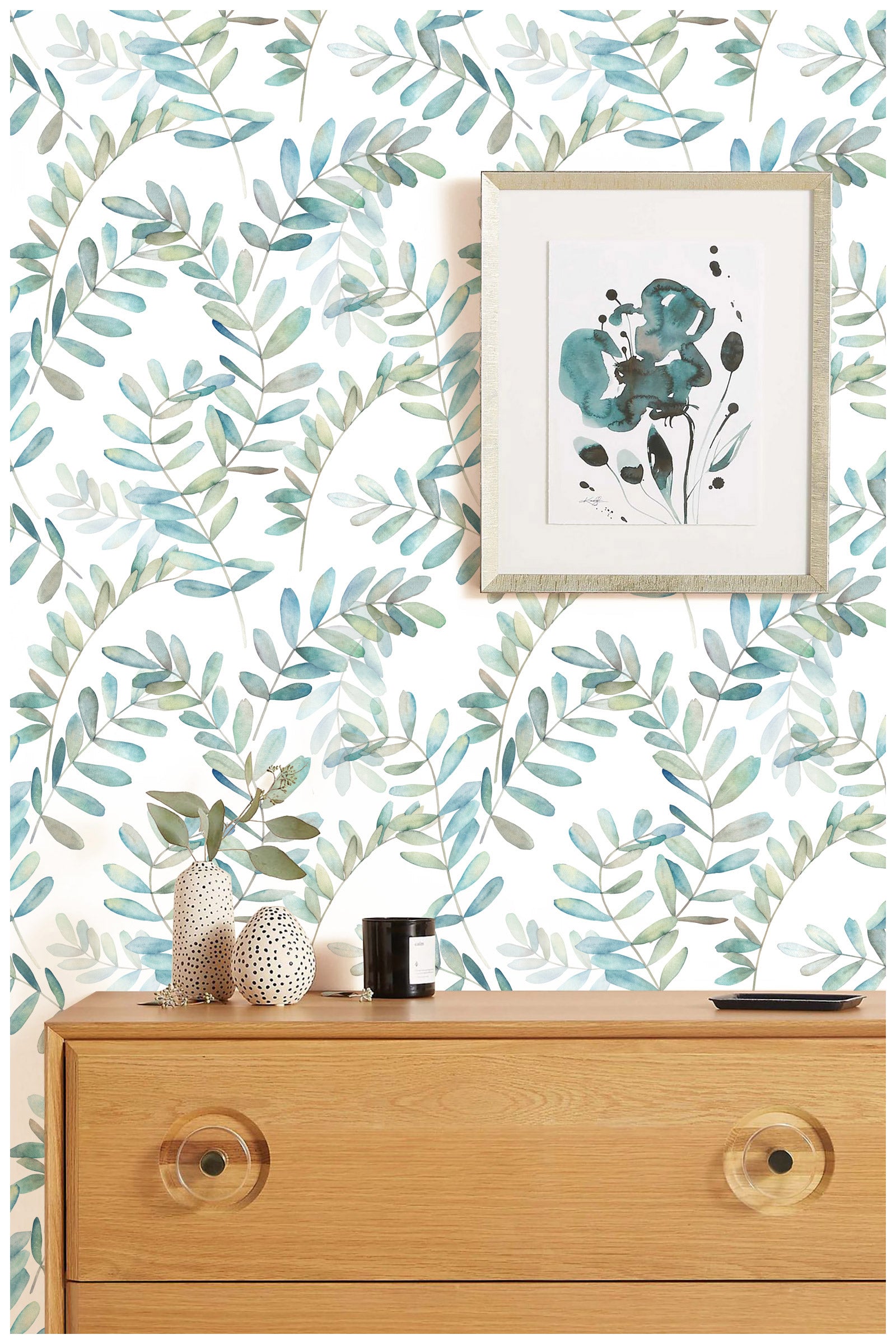 HAOKHOME 93149 Boho Peel and Stick Wallpaper Eucalyptus Branch White/Green/Blue Removable Stick on Home Decor