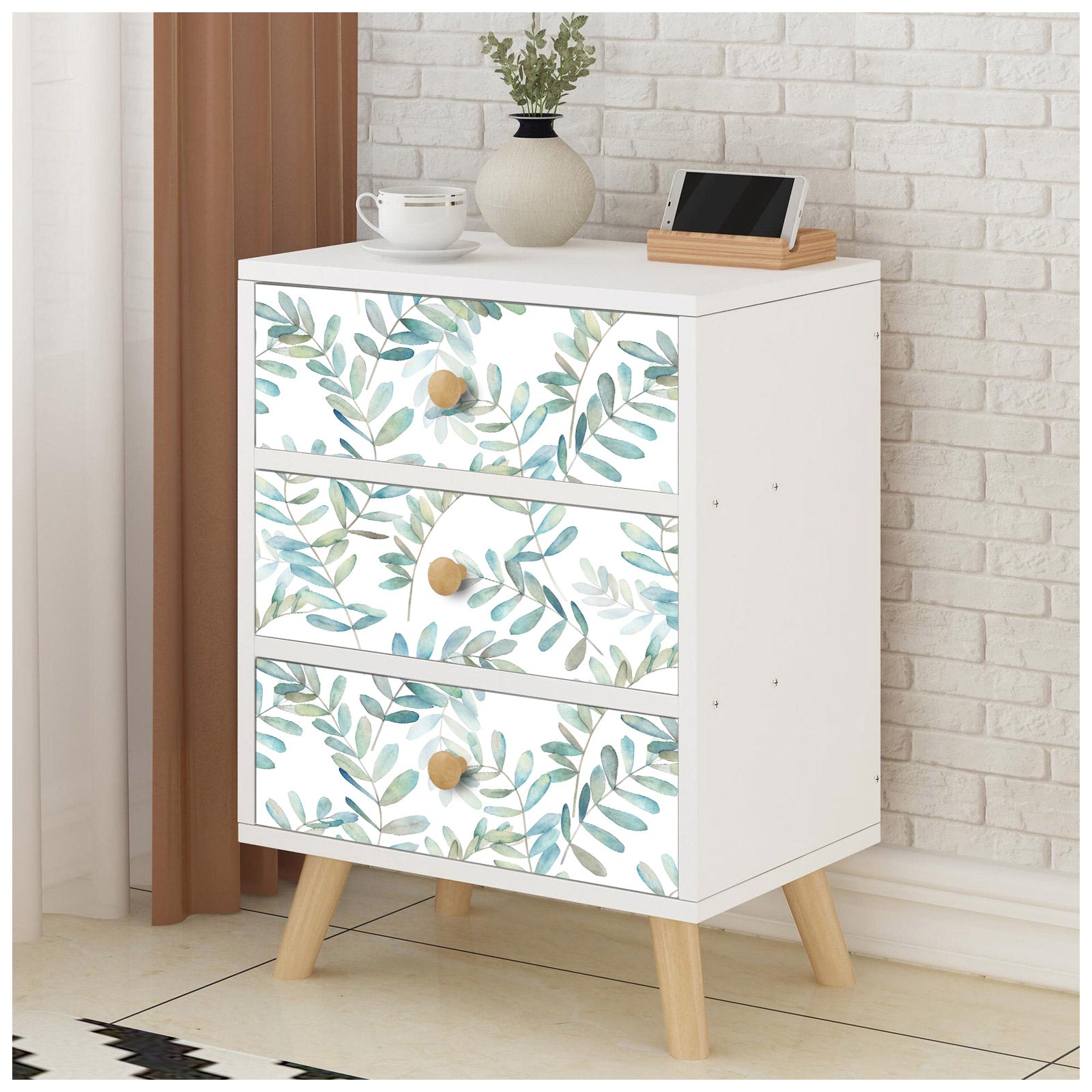 HAOKHOME 93149 Boho Peel and Stick Wallpaper Eucalyptus Branch White/Green/Blue Removable Stick on Home Decor