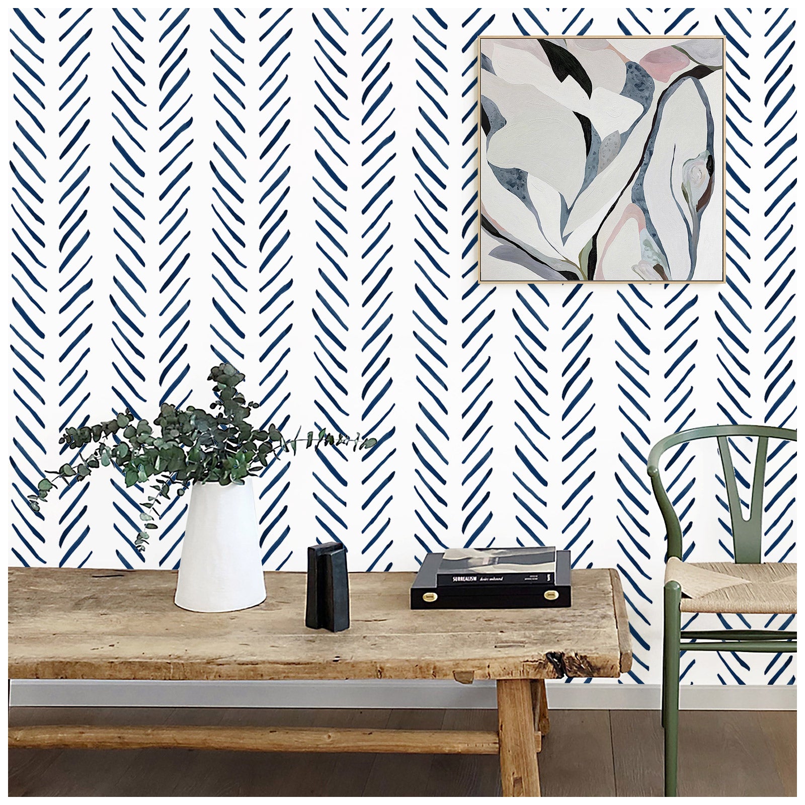 HAOKHOME 96101-1 Boho Wallpaper Peel and Stick Wallpaper Stripes Removable Navy/White Chevron Vinyl Stick On Contact Paper Mural