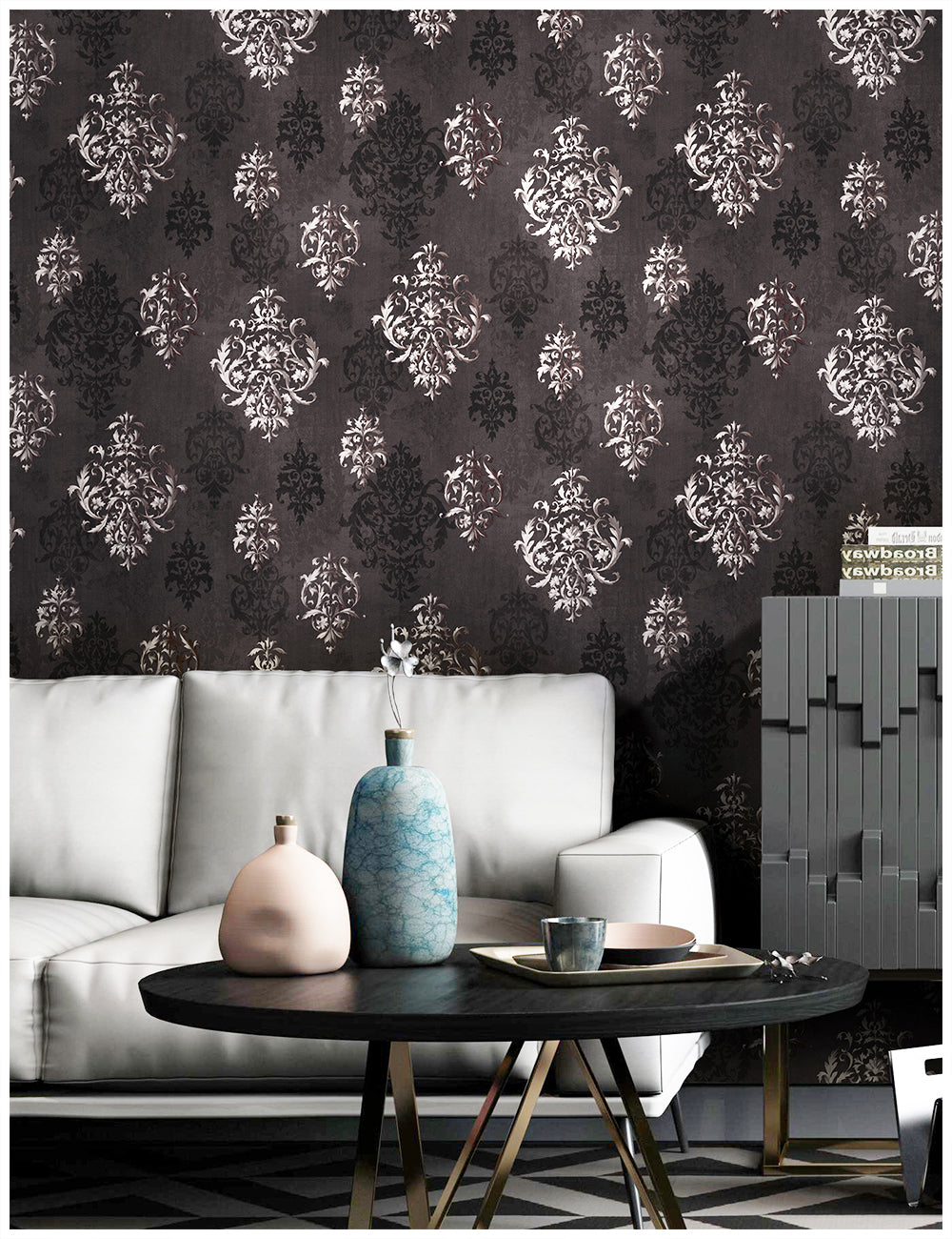 HaokHome 94006-2 Brown Damask Wallpaper Peel and Stick Vintage Self Adhesive Wallpaper