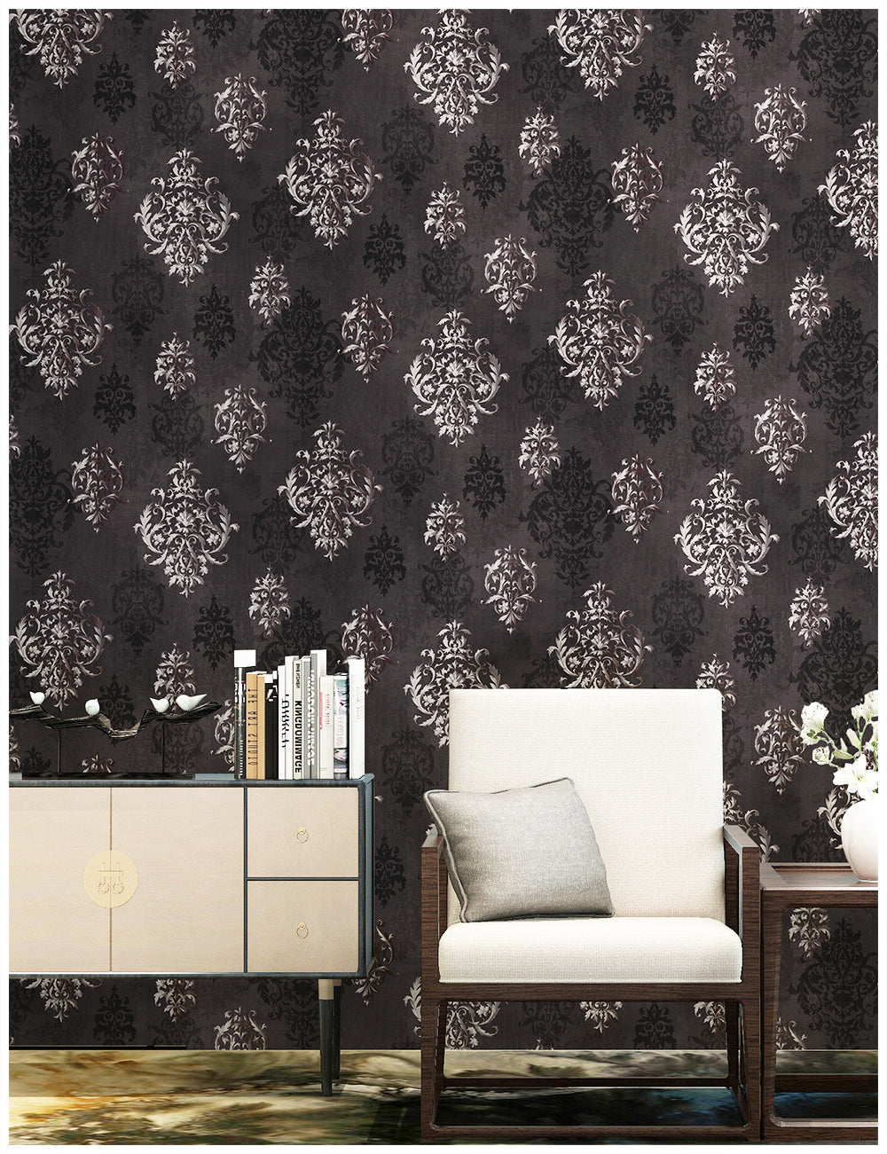 HaokHome 94006-2 Brown Damask Wallpaper Peel and Stick Vintage Self Adhesive Wallpaper