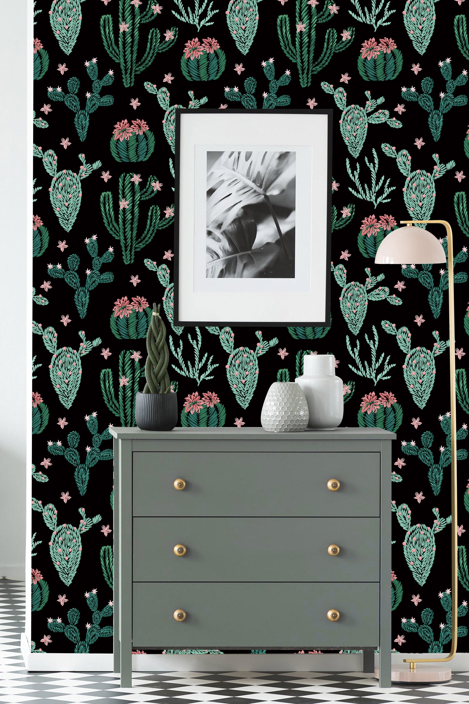 HaokHome 93026 Cartoon Cactus Contact Paper Peel and Stick Black/Green/Pink Botanical Adhesive Shelf Liner Textured Wallpaper