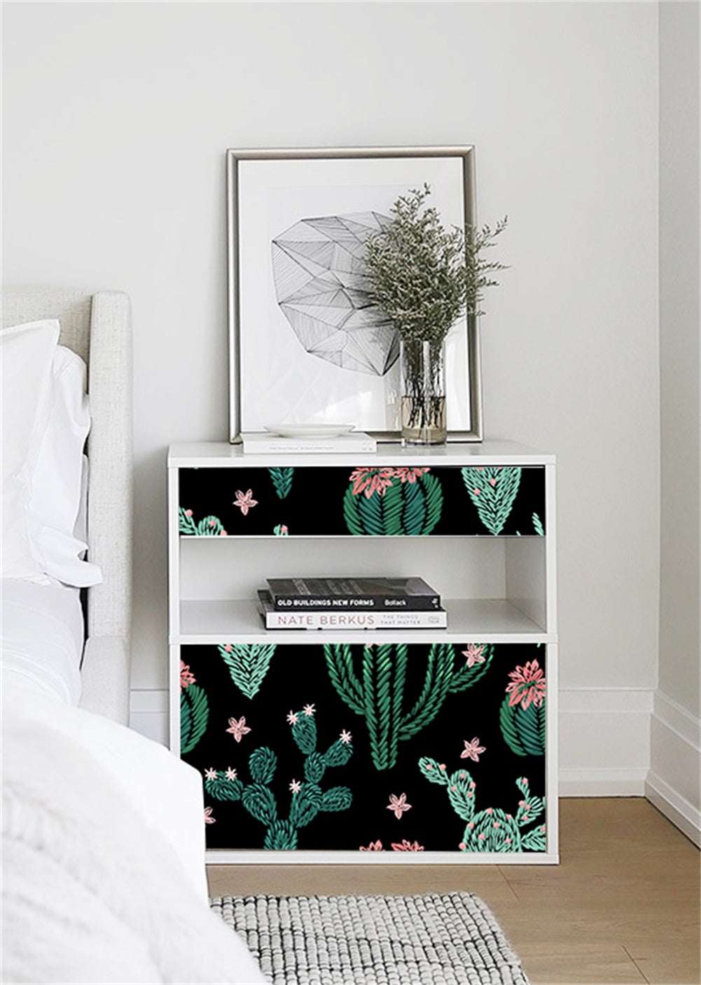 HaokHome 93026 Cartoon Cactus Contact Paper Peel and Stick Black/Green/Pink Botanical Adhesive Shelf Liner Textured Wallpaper