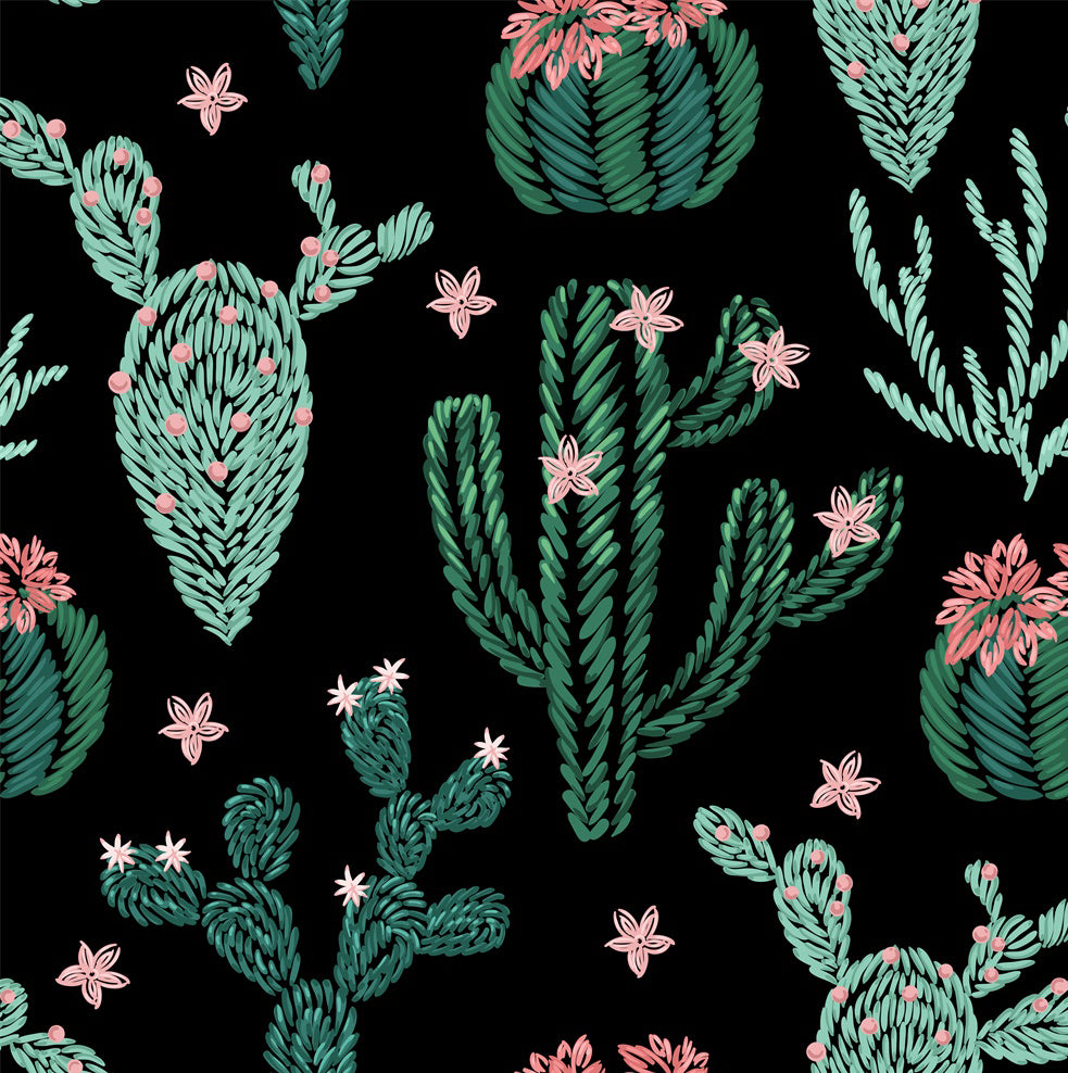 HaokHome 93026 Cartoon Cactus Contact Paper Peel and Stick Black/Green/Pink Botanical Adhesive Shelf Liner Textured Wallpaper