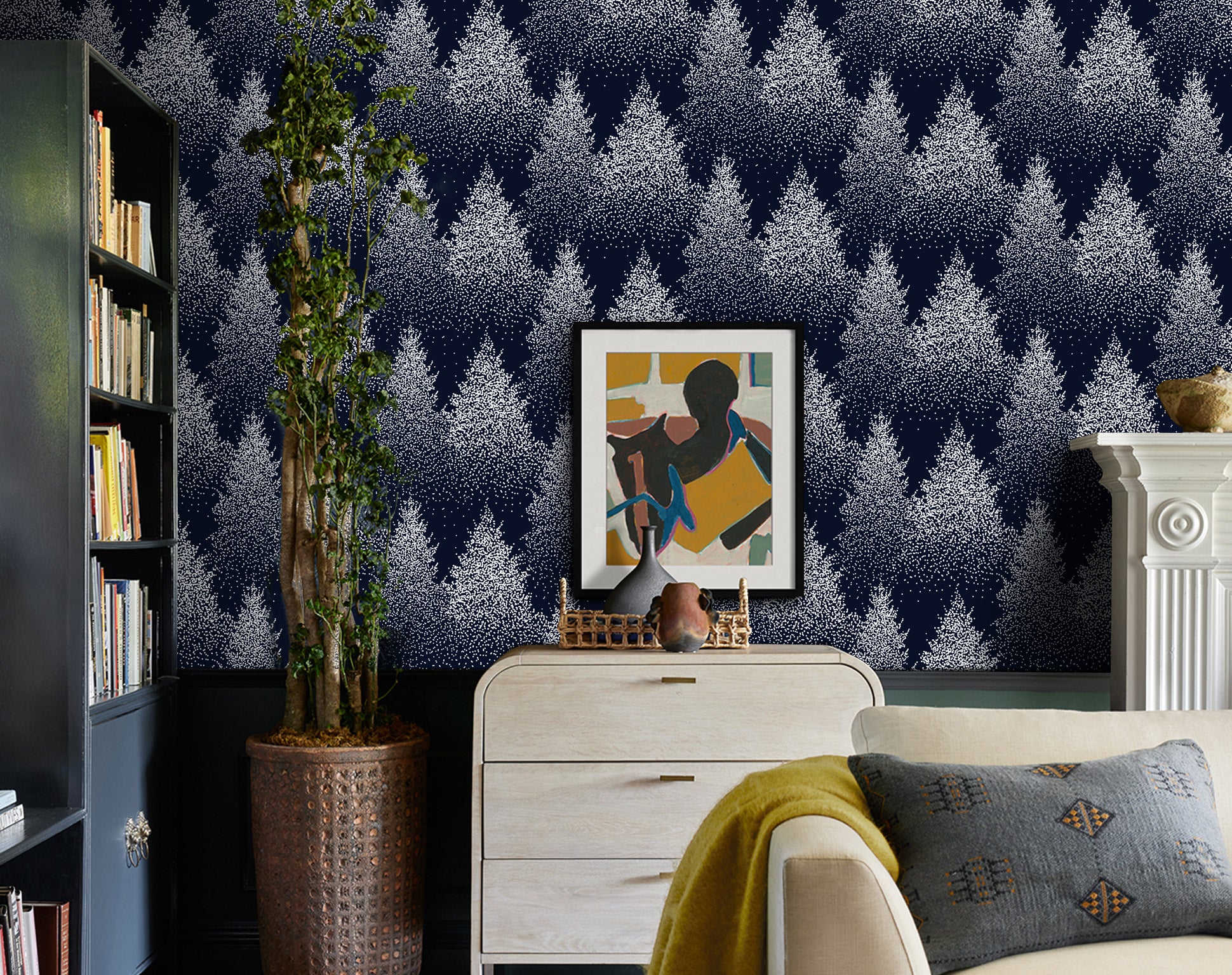 HaokHome 93049 Christmas Wallpaper Conifer Forest Tree Peel and Stick Wallpaper Snowflake Navy Removable Wall Paper