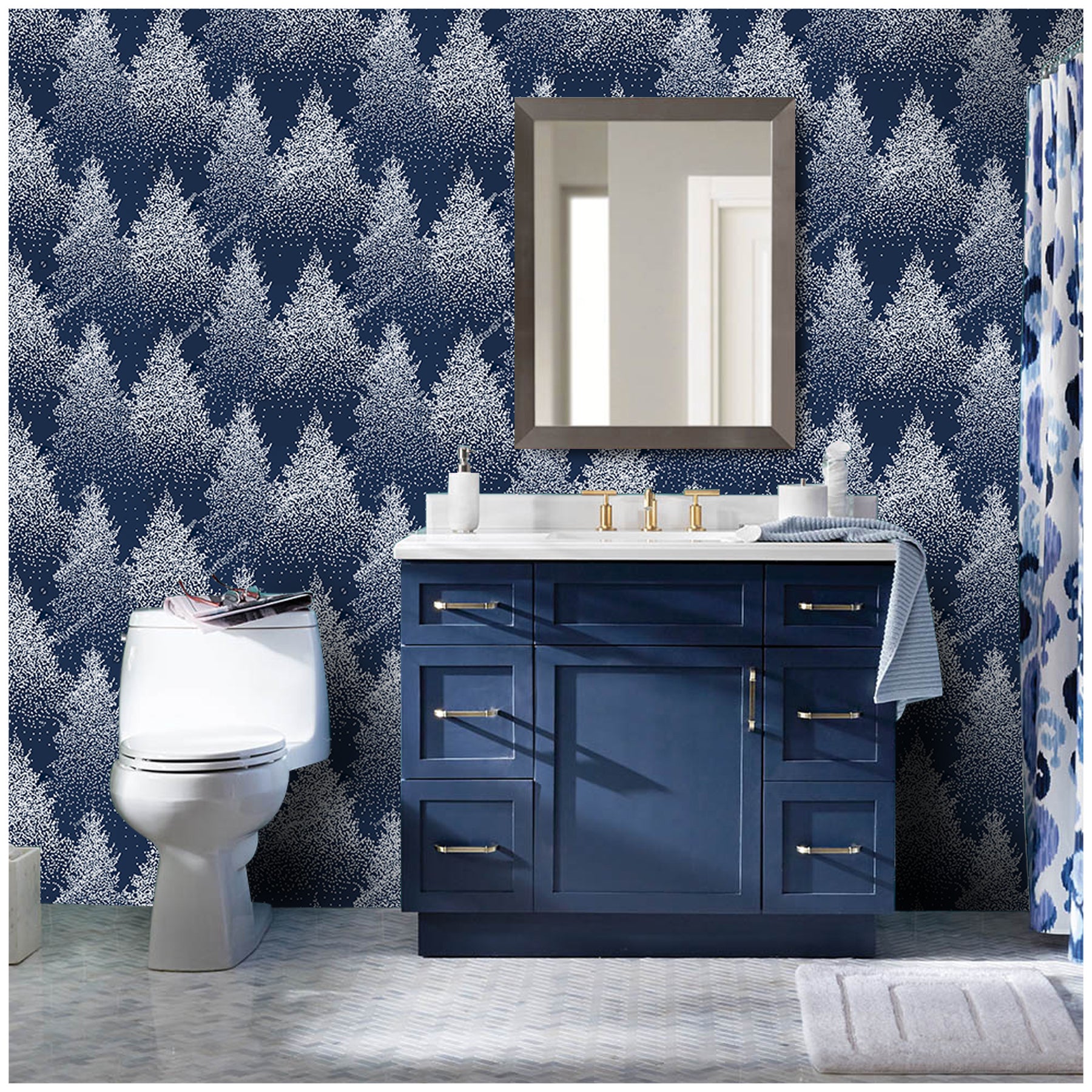 HaokHome 93049 Christmas Wallpaper Conifer Forest Tree Peel and Stick Wallpaper Snowflake Navy Removable Wall Paper