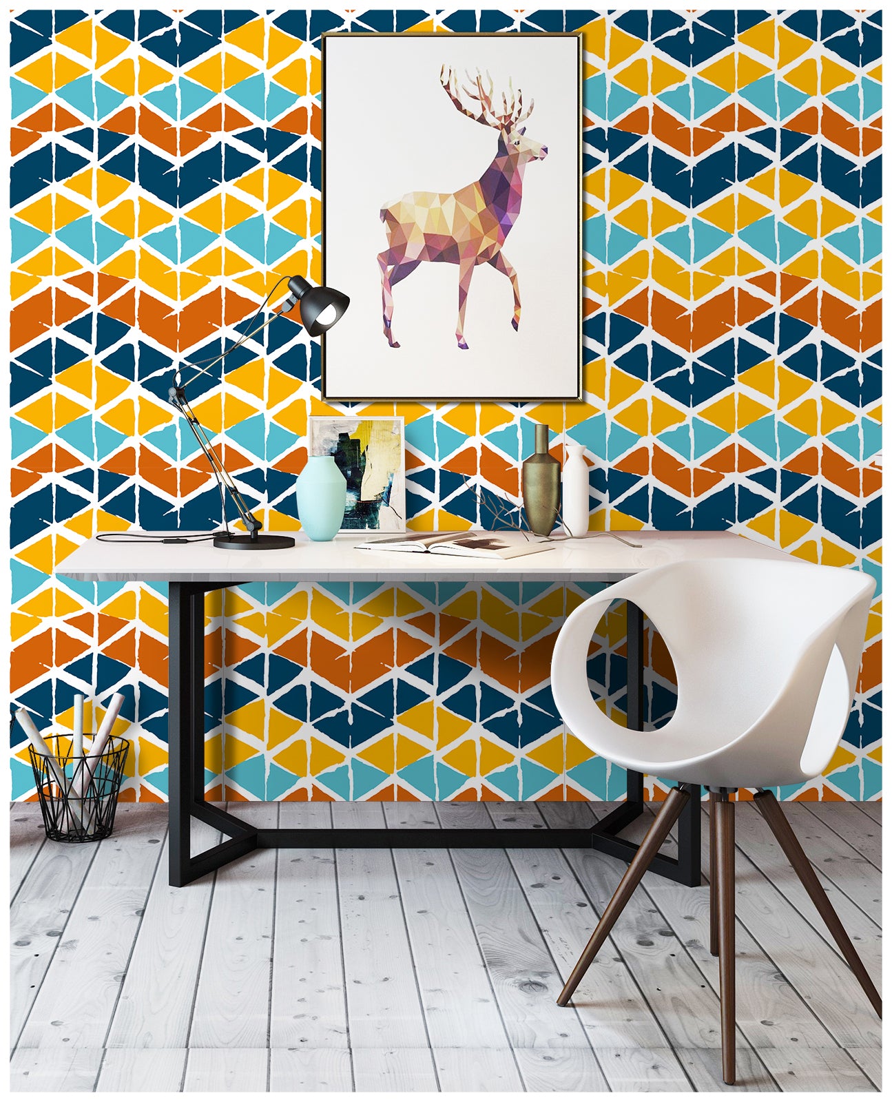 HaokHome 96037 Colorful Geometric Peel and Stick Wallpaper Triangle Rhombus Abstract Contact Paper Orange/Blue