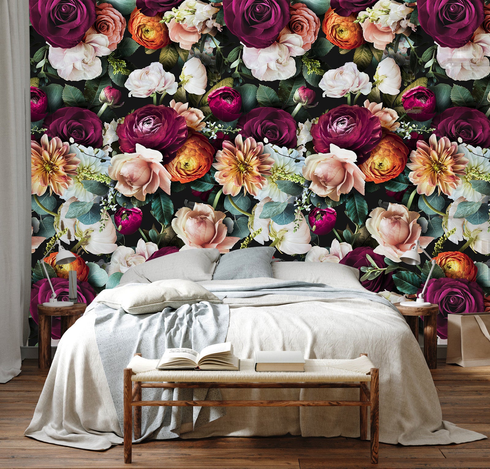 HaokHome 93277 Colorful Removable Wallpaper Peel and Stick Bright Flower Bouquet for Home Decor