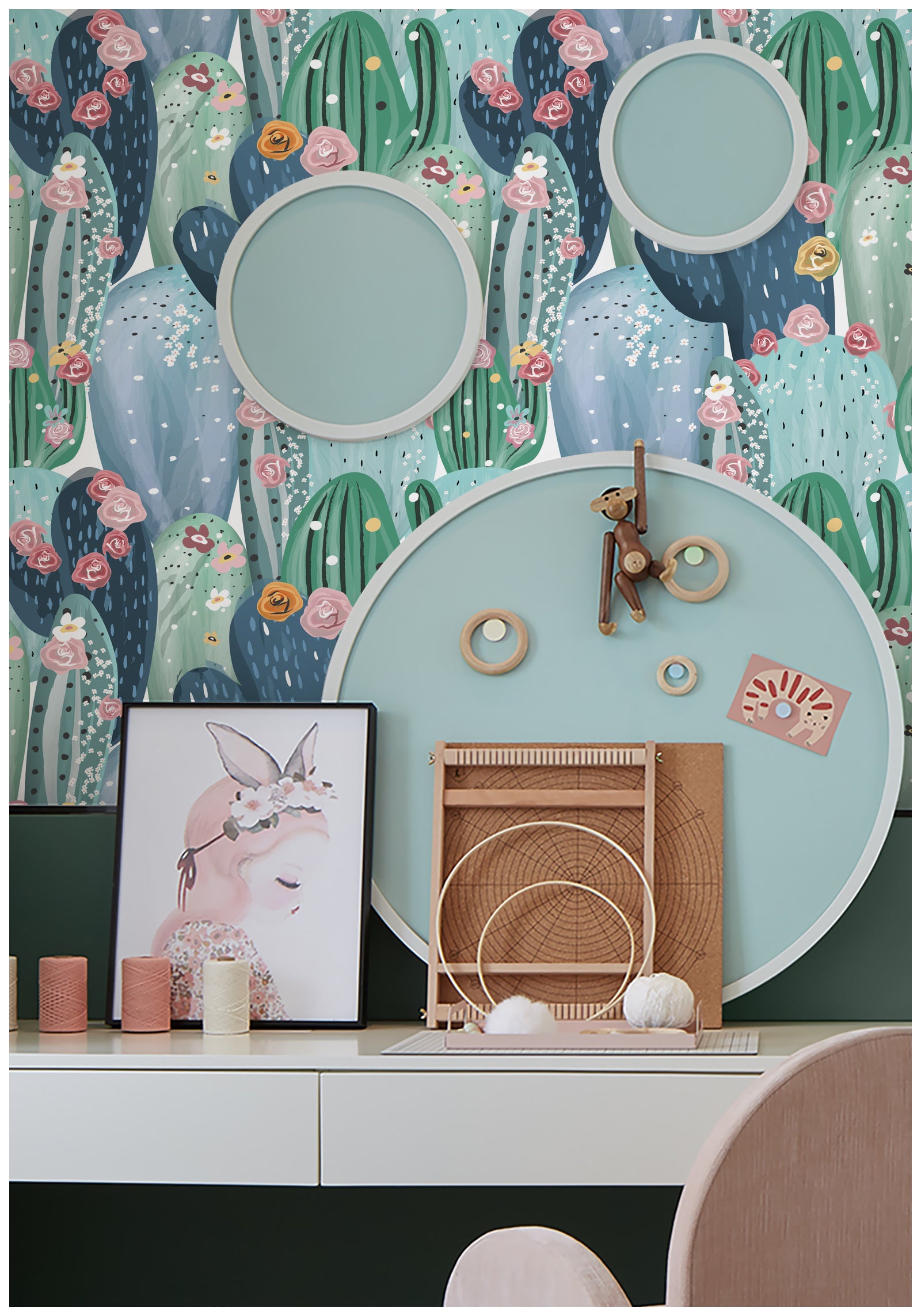 HaokHome 93201 Cute Cactus Succulents with Floral Peel and Stick wallpaper Nursery Baby Room Decor