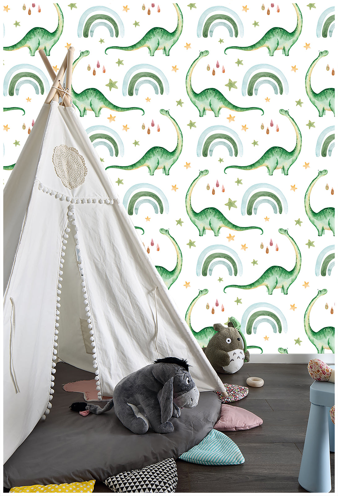 HaokHome 99026 Cute Dinosaur Peel and Stick Wallpaper Rainbow Raindrop Removable Contact Paper for Kids Bedroom Nursery Decoration