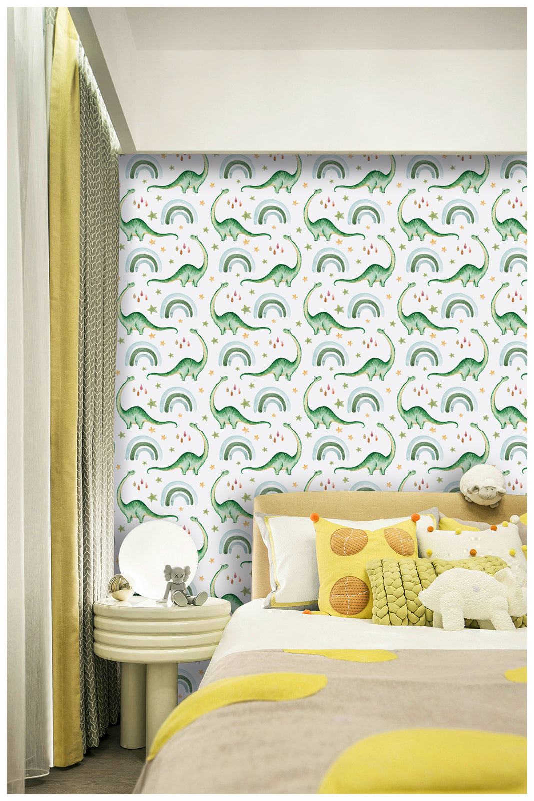 HaokHome 99026 Cute Dinosaur Peel and Stick Wallpaper Rainbow Raindrop Removable Contact Paper for Kids Bedroom Nursery Decoration